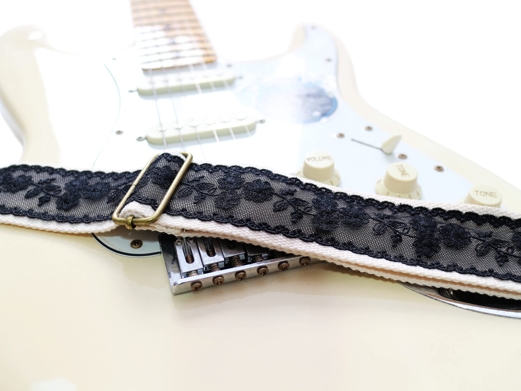 MUSIC FIRST Original Design, 2 inch width (5cm), Black Cool & Vintage Black Lace Soft Lace & Genuine Leather Delux Electric Guitar Strap Bass Strap (Black Lace)