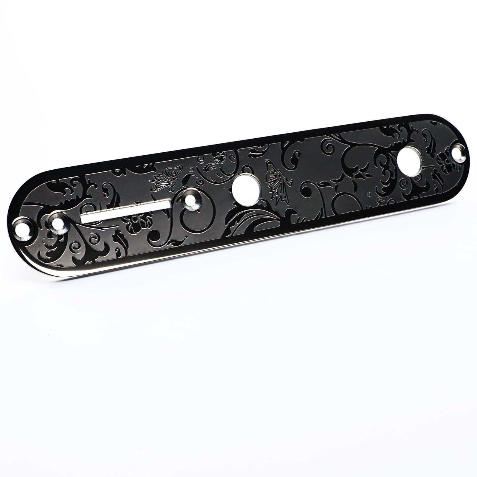 OVSAL Stainless Steel Engraved Telecaster Control Plate 2-Hole Mount 9.5mm (3/8″) CNC Electric Guitar Control Plate Compatible with Most Fender Tele Style Guitar Replacement Parts(Black)