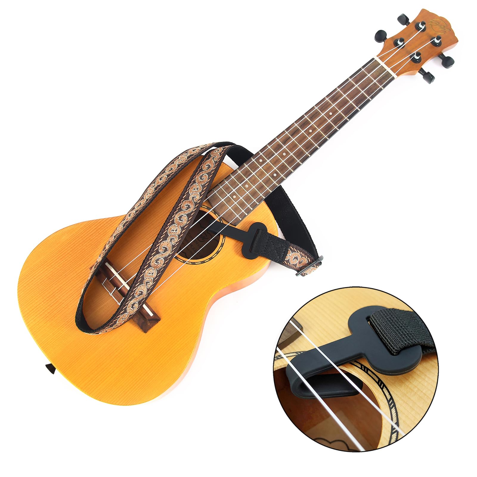 CLOUDMUSIC Ukulele Strap Clip On No Drill J Hook For Soprano Concert Tenor Baritone With Hawaiian Tribal Pattern(Vitage Pattern In Black)