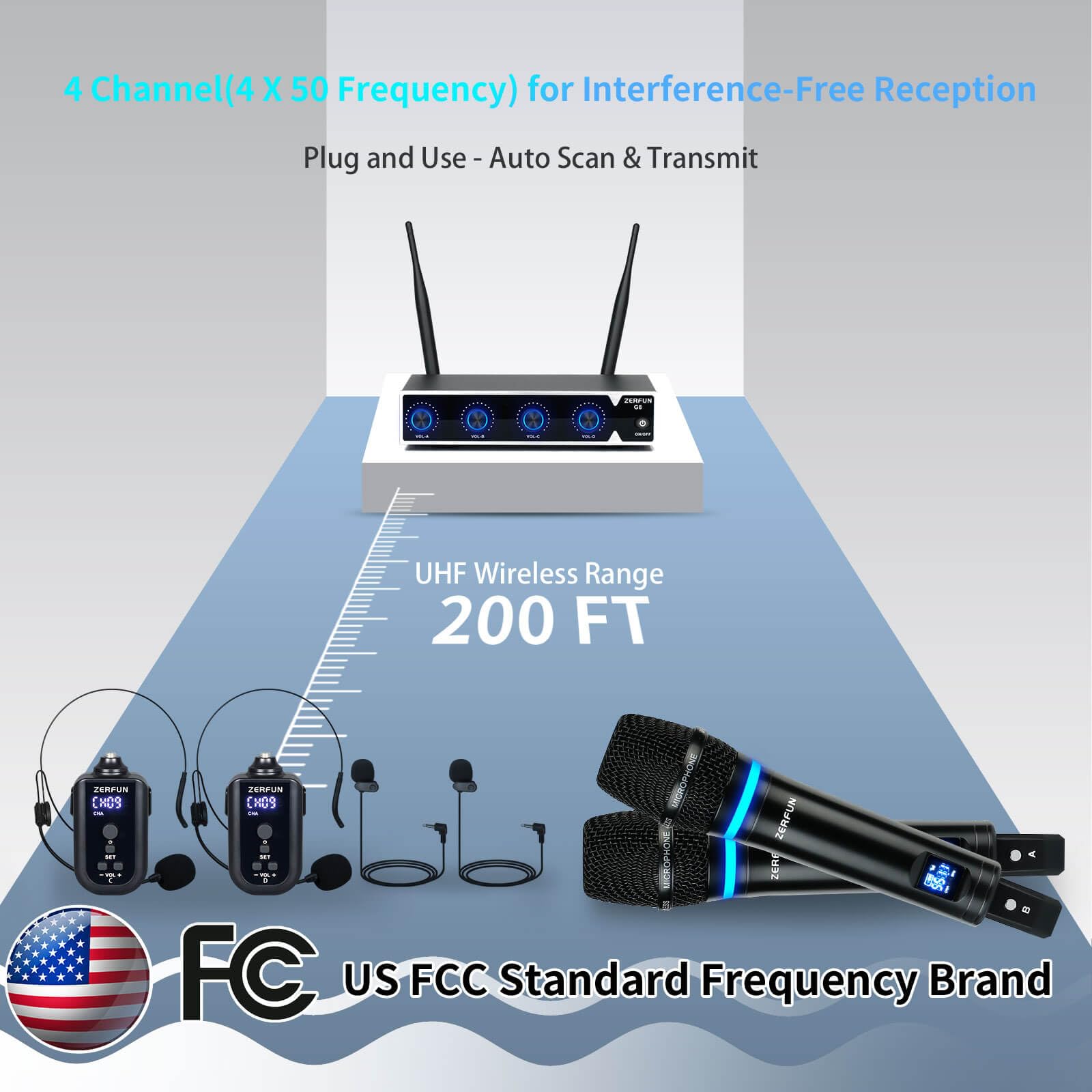 ZERFUN 4 Channel Rechargeable Wireless Microphone System (G8)