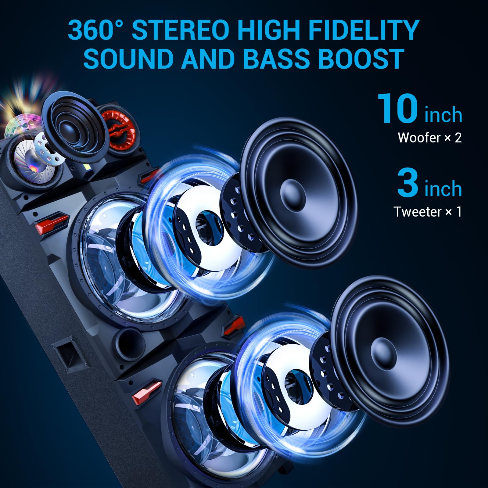 ROXAAN Portable Wireless Party Bluetooth Speaker with Dual 10″ Woofers