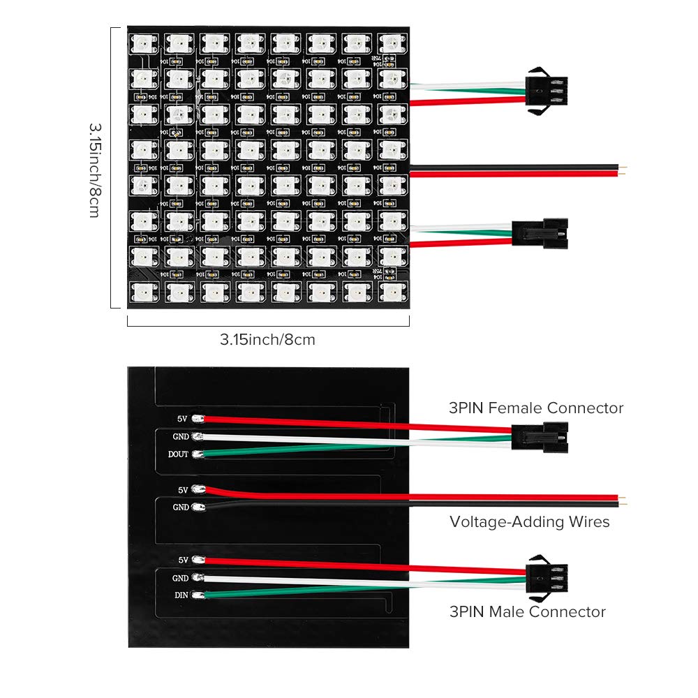 BTF-LIGHTING WS2812B RGB 5050SMD Individually Addressable Digital 8X8 64 Pixels 3.1in x 3.1in LED Matrix Panel Flexible FPCB Full Color Works with SP107E,WLED etc Image Video Display DC5V