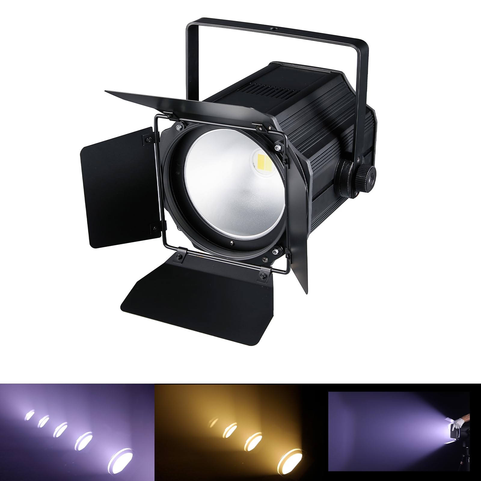 DJXFLI COB Stage Lights with Barn Doors, COB Par Light 200W LED 3500~7500K Warm White & White, DMX512 Master-Slave Sound DJ Lighting Spotlight Fresnel for Church Concert Wedding