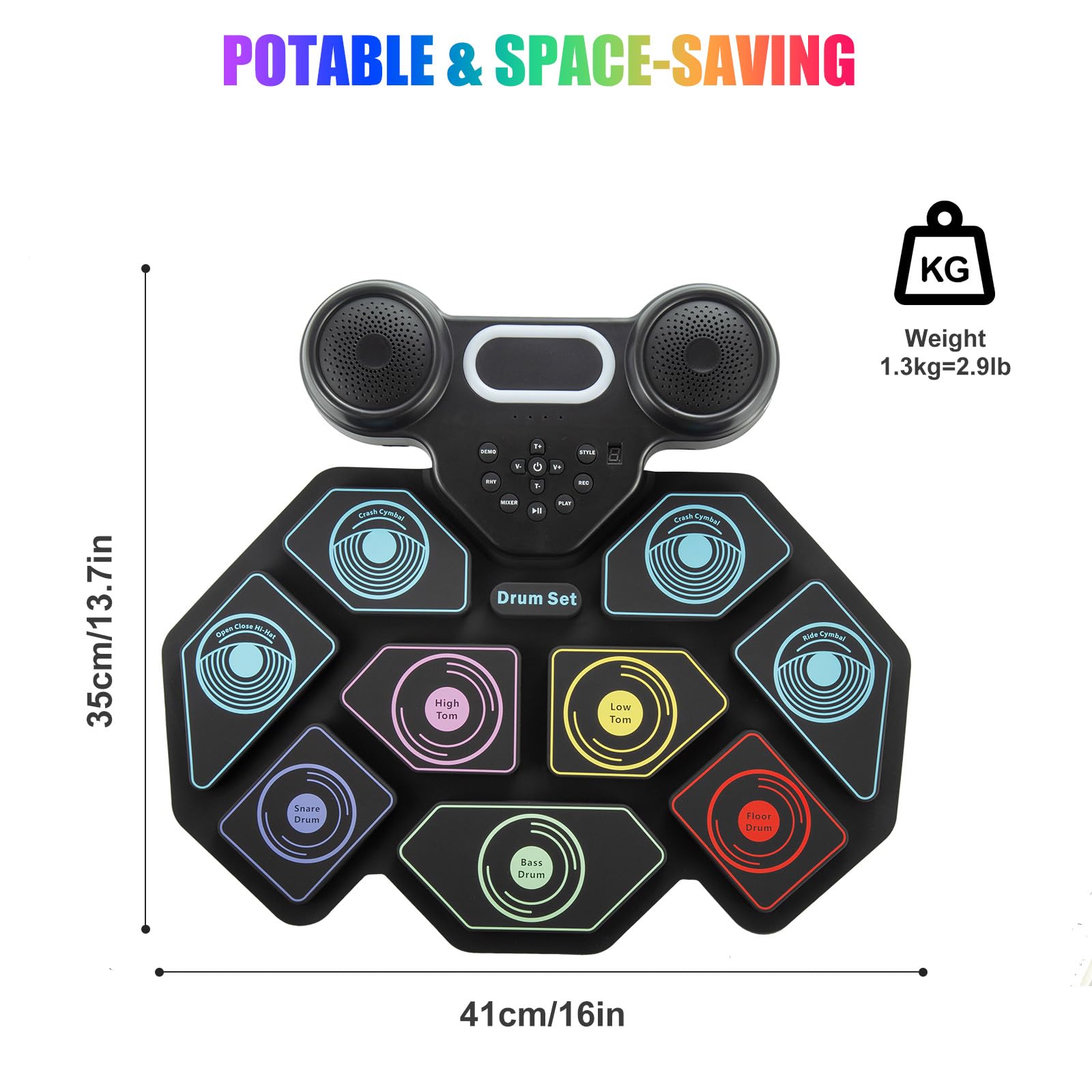 2025 Upgrade Electronic Drum Set 9-Pad Roll-Up – Portable Silicone Drum Kit with 2 Pedals, Built-in Speakers, MIDI & Headphone Jack – Ideal for Practice & Travel (Oldmodel-TW)