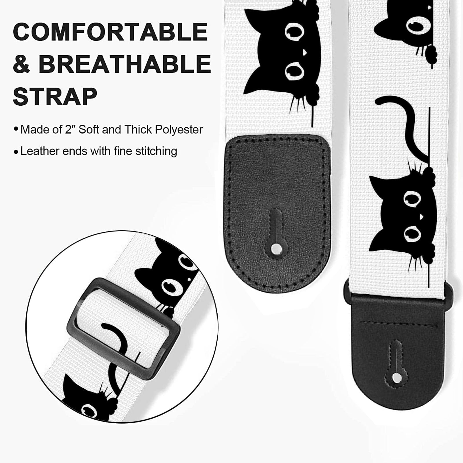 HSIAHOU Guitar Strap Electric Guitar Straps Personalized Rainbow Strap with Funny Cat Design, Polyester Cotton Material, Adjustable 90cm-155cm, One Size