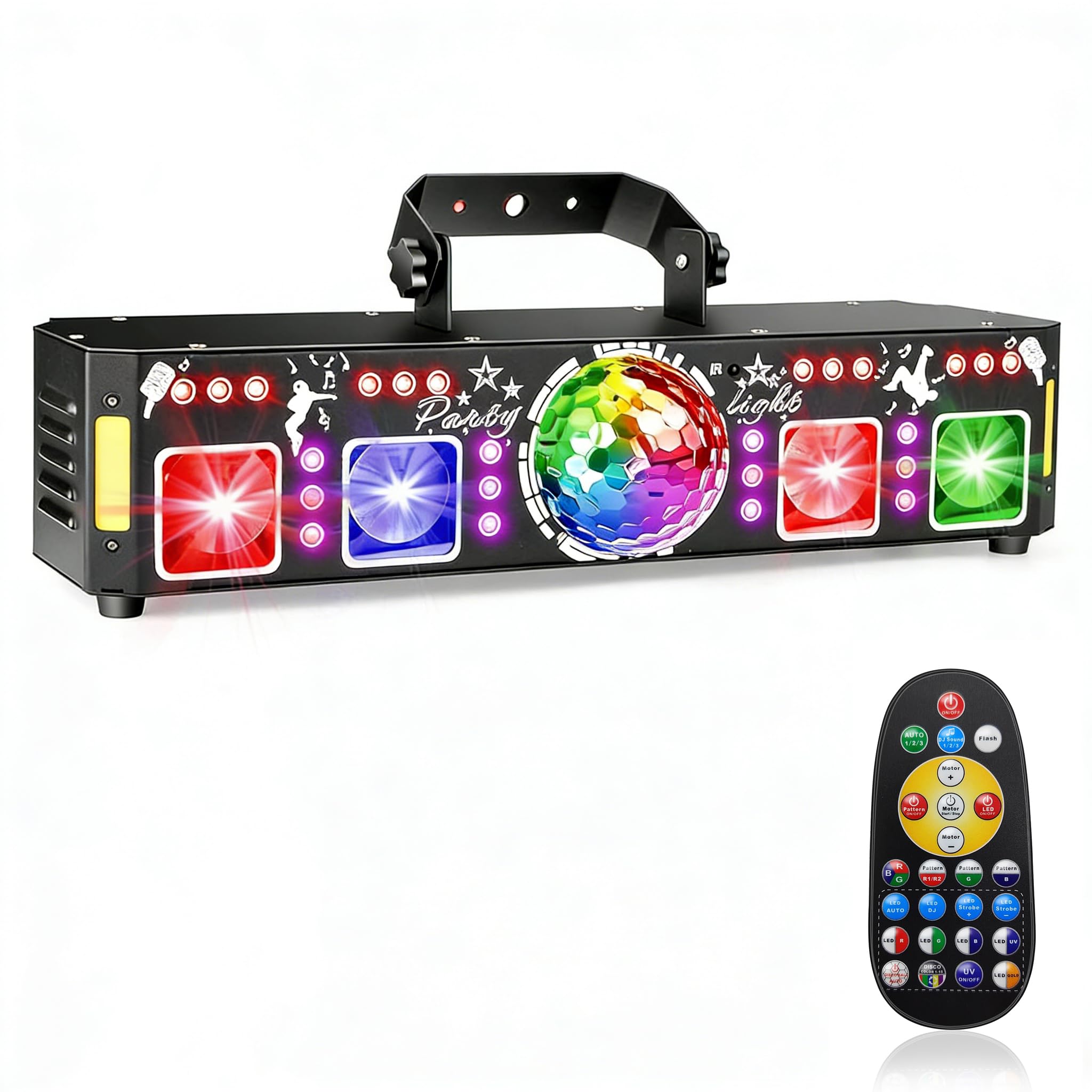 DJ Lights for Parties, Pro 7 in 1 DMX & Sound Activated DJ Lights Show Machine with Disco Ball Light, UV Black Lights – Sound Activated LED Lighting for Home, Karaoke, Birthday and DJ Events World Cup