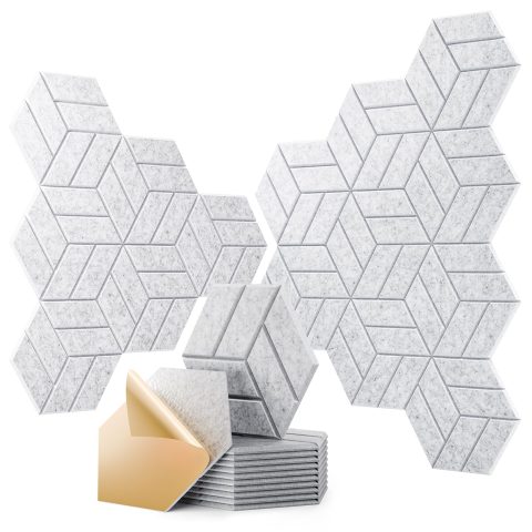 OTUOER 12Pcs Acoustic Panels with Self-Adhesive, 12″X 10″X 0.4″ Sound Proof Foam Panels for Walls, Hexagonal Soundproof Wall Panels High Density, Sound Panels for Home Studio Office (Silver Gray)