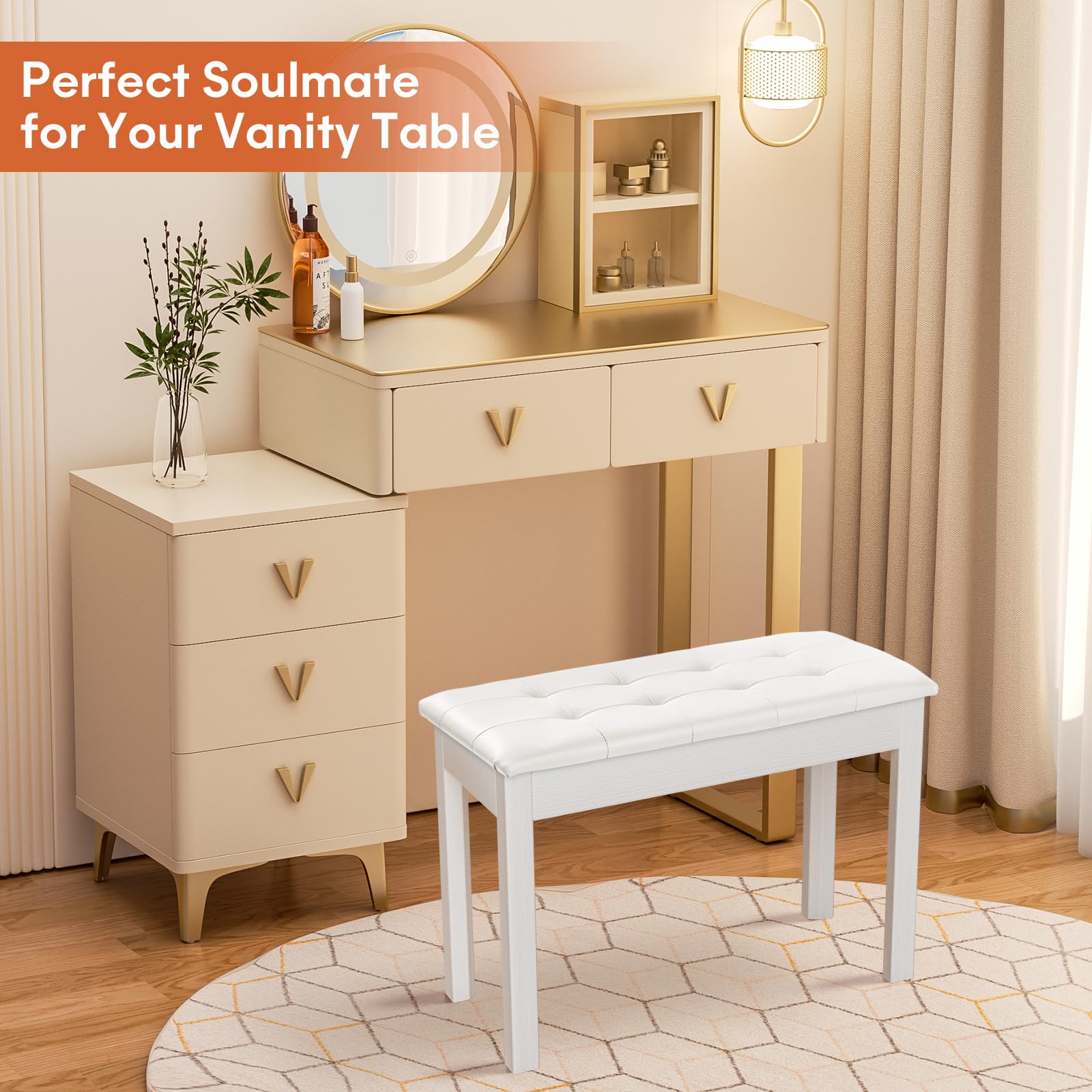 ZHRUNS Duet Piano Bench Wooden Keyboard Bench with Storage Compartment, 29” White Piano Chair Seat with Padded Cushion