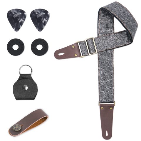 LIZIMANDU Adjustable Guitar Strap Includes 2 Strap Locks & 2 Matching Picks & 1 Picks Holder & 1 leather Strap Button(1-Carving Silver)