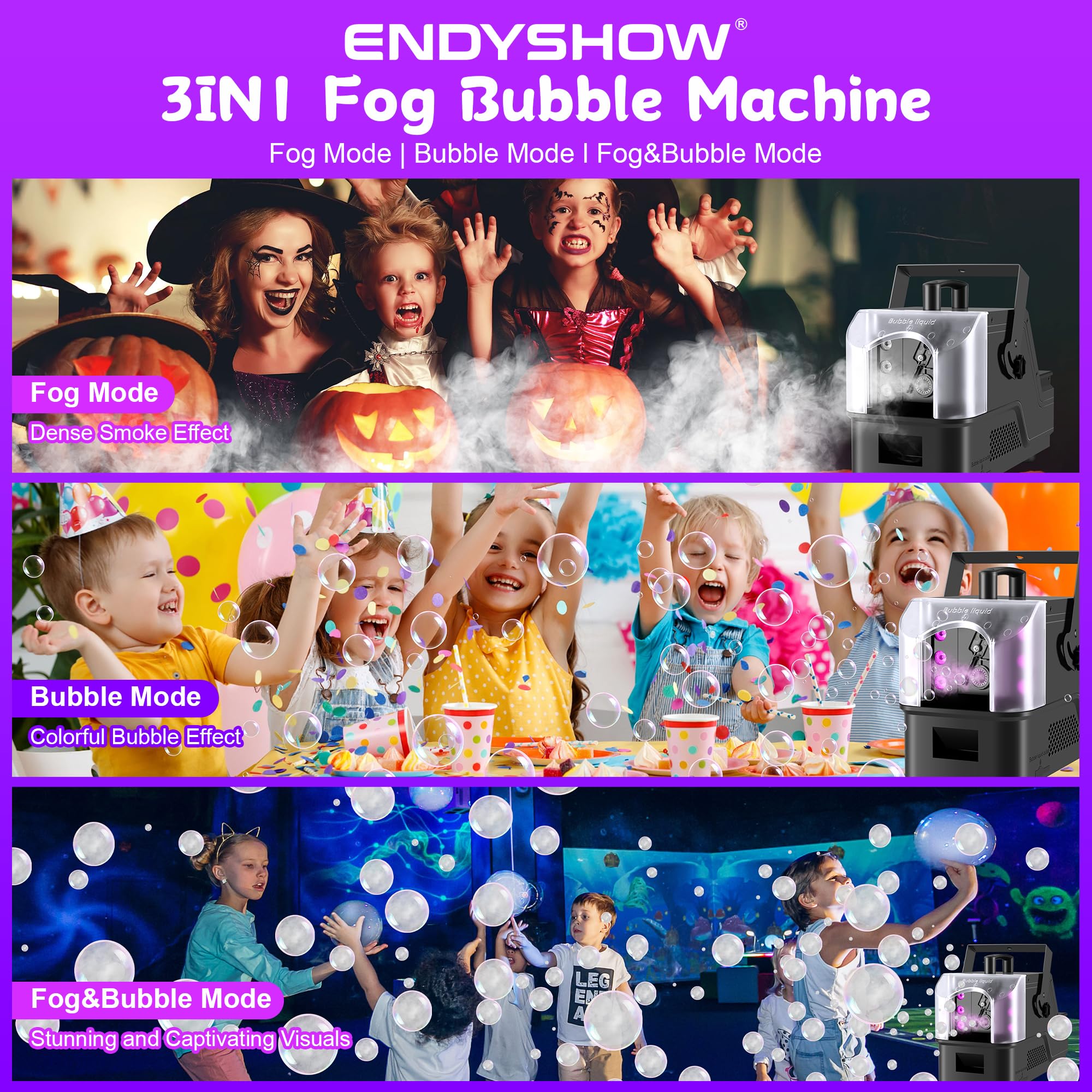 ENDYSHOW Fog Bubble Machine,900W 3IN1 Smoke Bubble Machine Maker with 6 Dynamic RGB LED Lighting Effect Remote&LED Display Control for Halloween Indoor&Outdoor Parties Birthday Wedding Show Stage