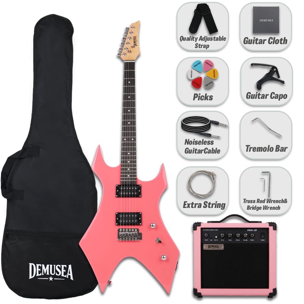 Demusea Cool Shape Electric Guitar Kit With 20W Amp Set Pink Color Solid Wood Building Accessories All In One Young Man Beginner Practice Capo Cable Stap Gigbag In (Unique Shape, Pink)