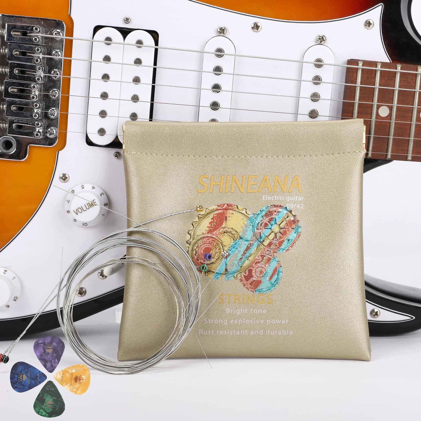 Electric Guitar Strings Handmade Nickel Plated Hex Steel Colorful Ball End-6 String-with Reusable soft leather pouch,Radiant Tone, Explosive Power (Gold(10/46)
