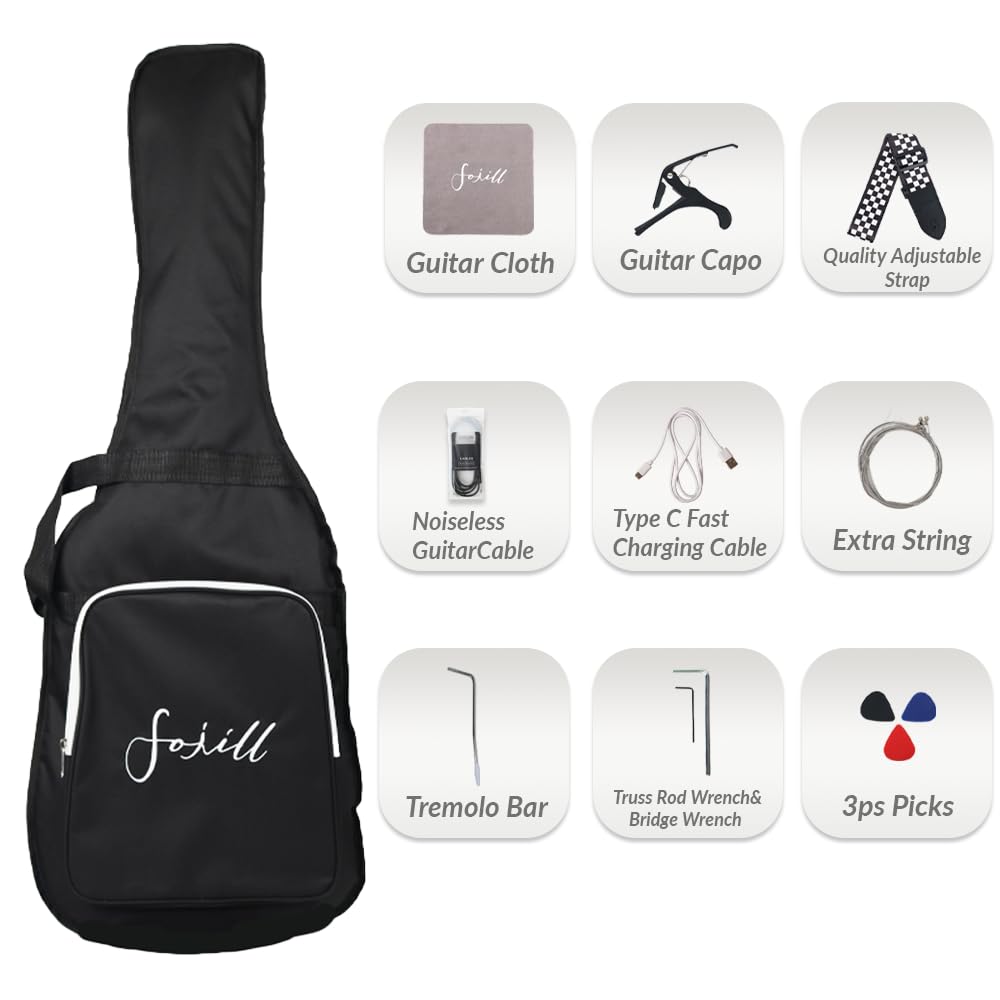 Fojill HSS Pickup 39 Inch Full Size Electric Guitar Kit Set Beginner Starter Combo Package Bundle 10W Battery Power Bluetooth Amp Accessory Bag,Picks, Cable, Strap, Extra Strings (FSTK-60, Cream)