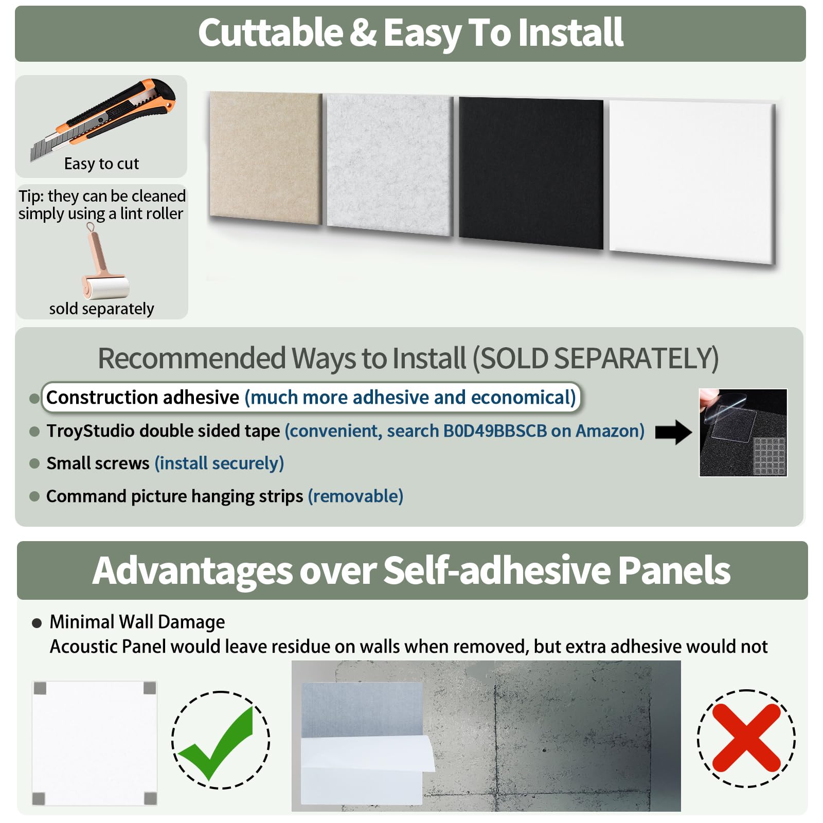 TroyStudio 20Pcs Acoustic Panels, 12 x 12 x 0.4 Inches Polyester Felt Wall Covering Tiles Sound Absorbing Panel, Decorative Padding Reverb Echo Dampening Boards for Door Music Recording Home Studio