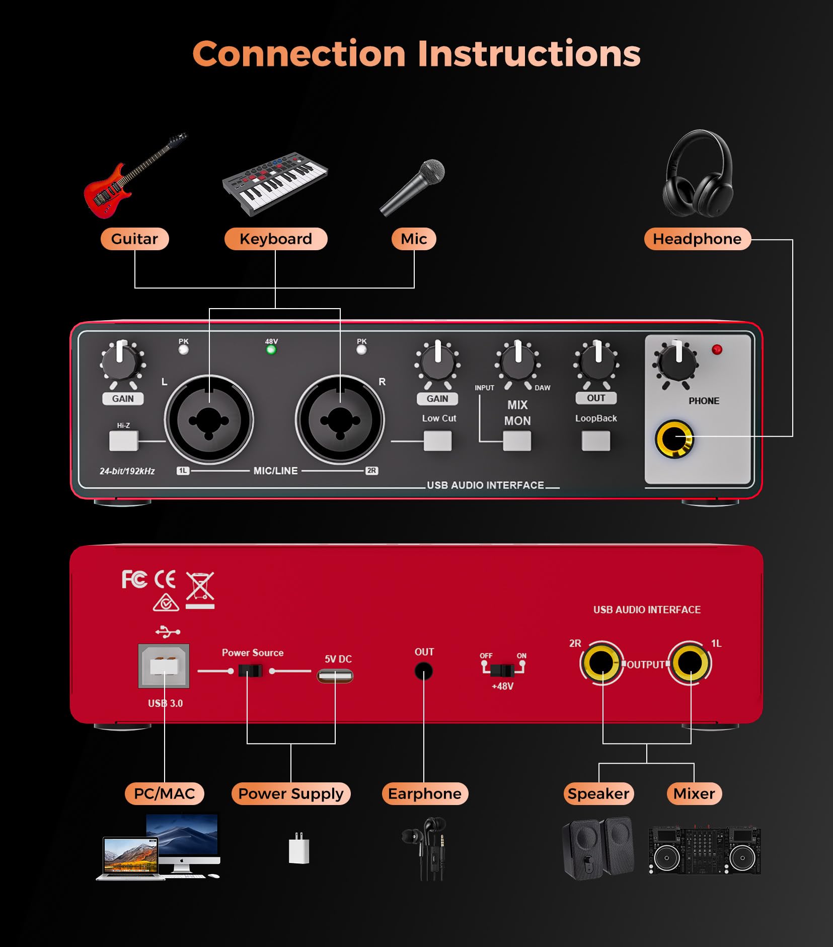 Tisino 24Bit/192kHz USB Audio Interface for Studio Recording, Red