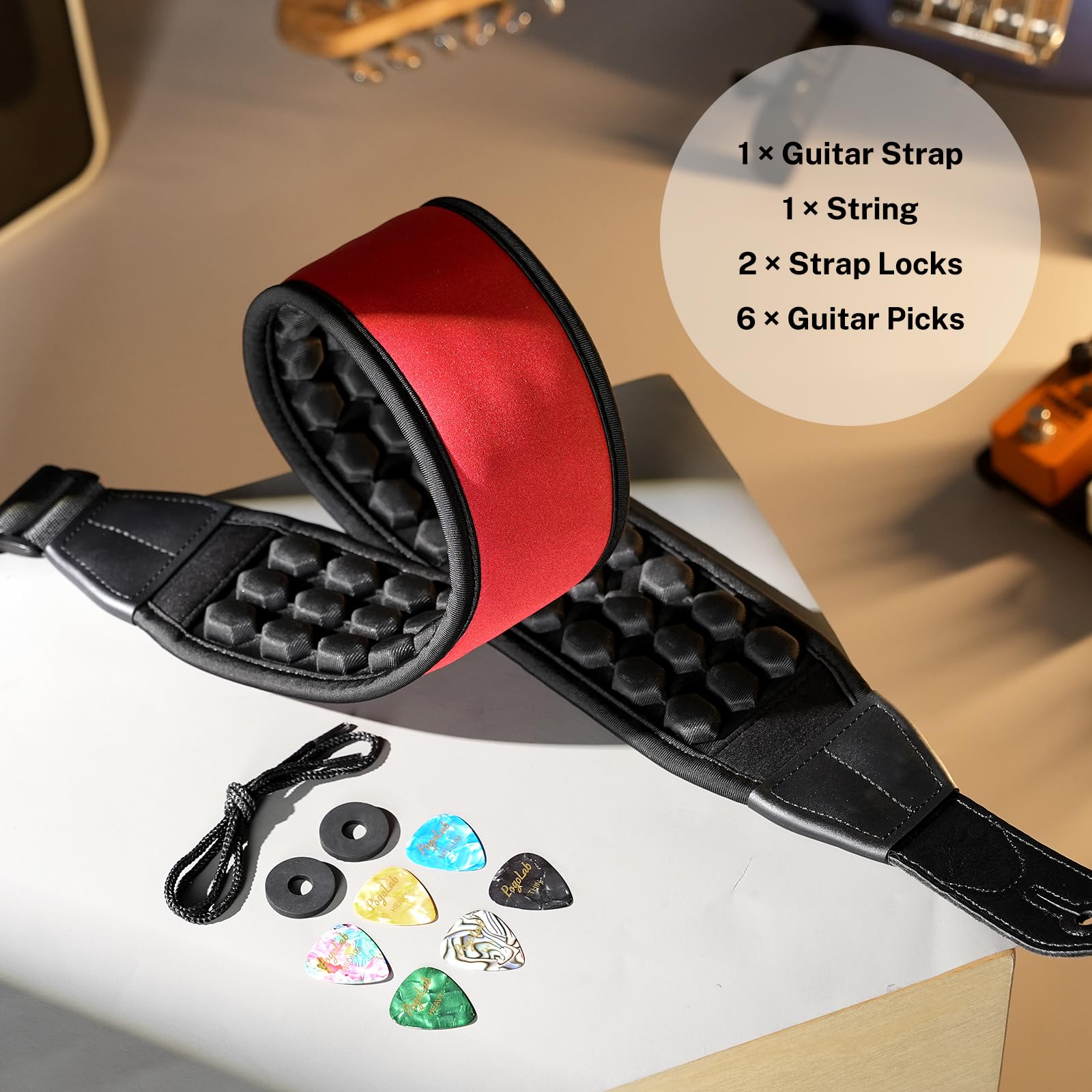 POGOLAB Guitar Strap, 3.5″ Wide Air Cell Cushions Neoprene Padded Soft Comfortable Bass Strap, Adjustable Length from 47″ to 55″ with Strap Locks & Picks, for Bass Electric Guitar (Regular) Red