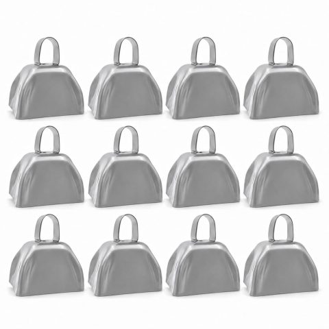 The Dreidel Company Silver Metal Cowbell Noisemaker Cheering Bell, New Years, School Classroom, Wedding Bells & Chimes Percussion Musical Instruments Call Bell Alarm, 3″ (12-Pack)