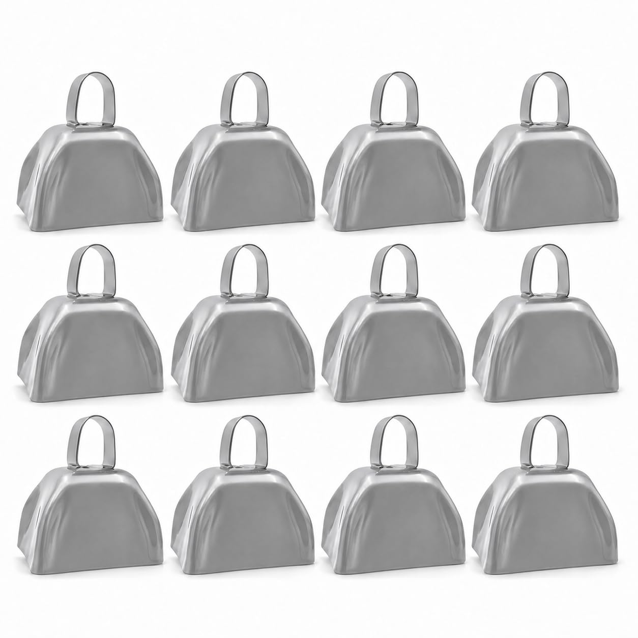 The Dreidel Company Silver Metal Cowbell Noisemaker Cheering Bell, New Years, School Classroom, Wedding Bells & Chimes Percussion Musical Instruments Call Bell Alarm, 3″ (12-Pack)