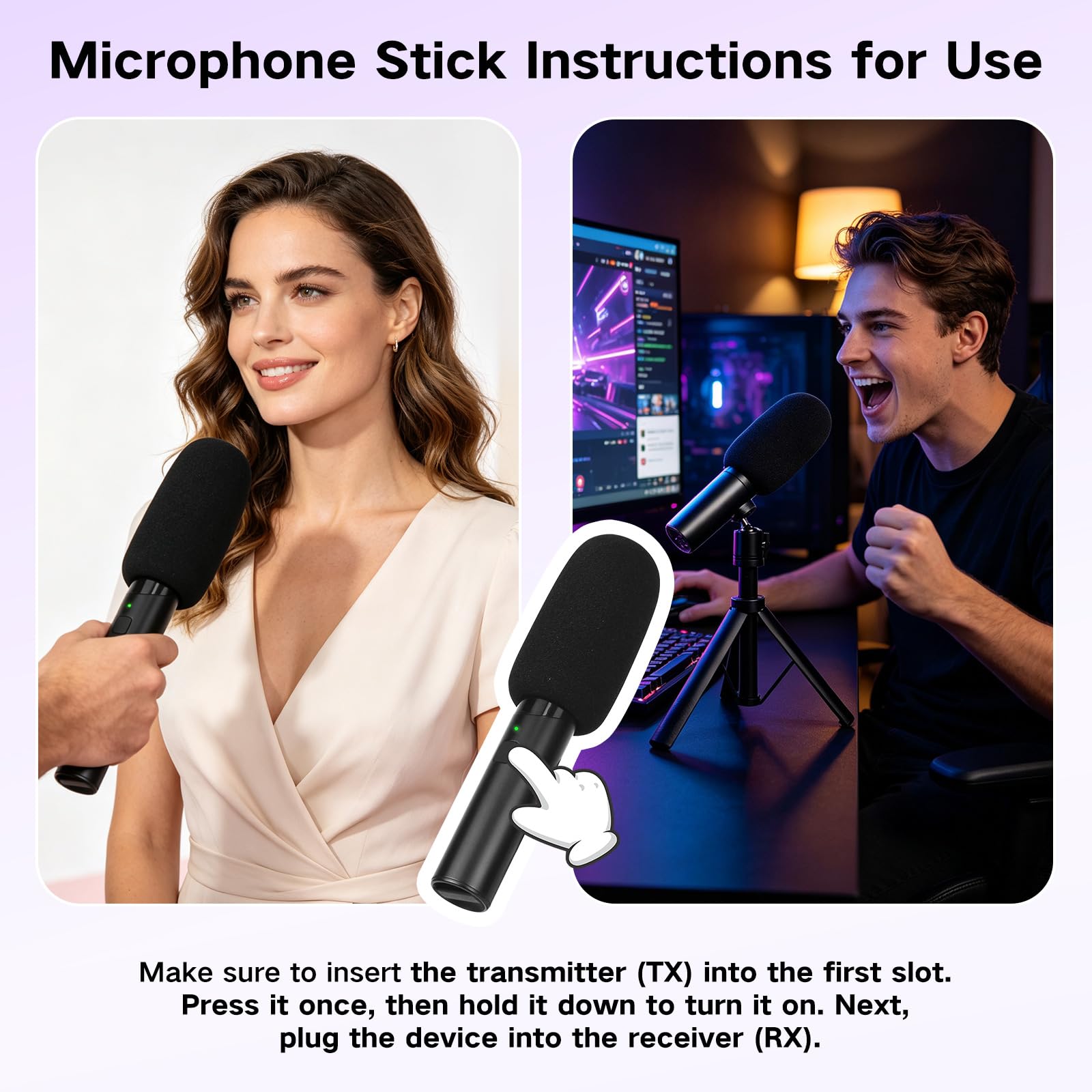 YUANRAN 4-in-1 Mini Wireless Lavalier Microphone & Desk Stand,Interview Handheld Microphone for iPhone/Android/Tablets,Mini Mic with Charging Case for Podcast,Streaming