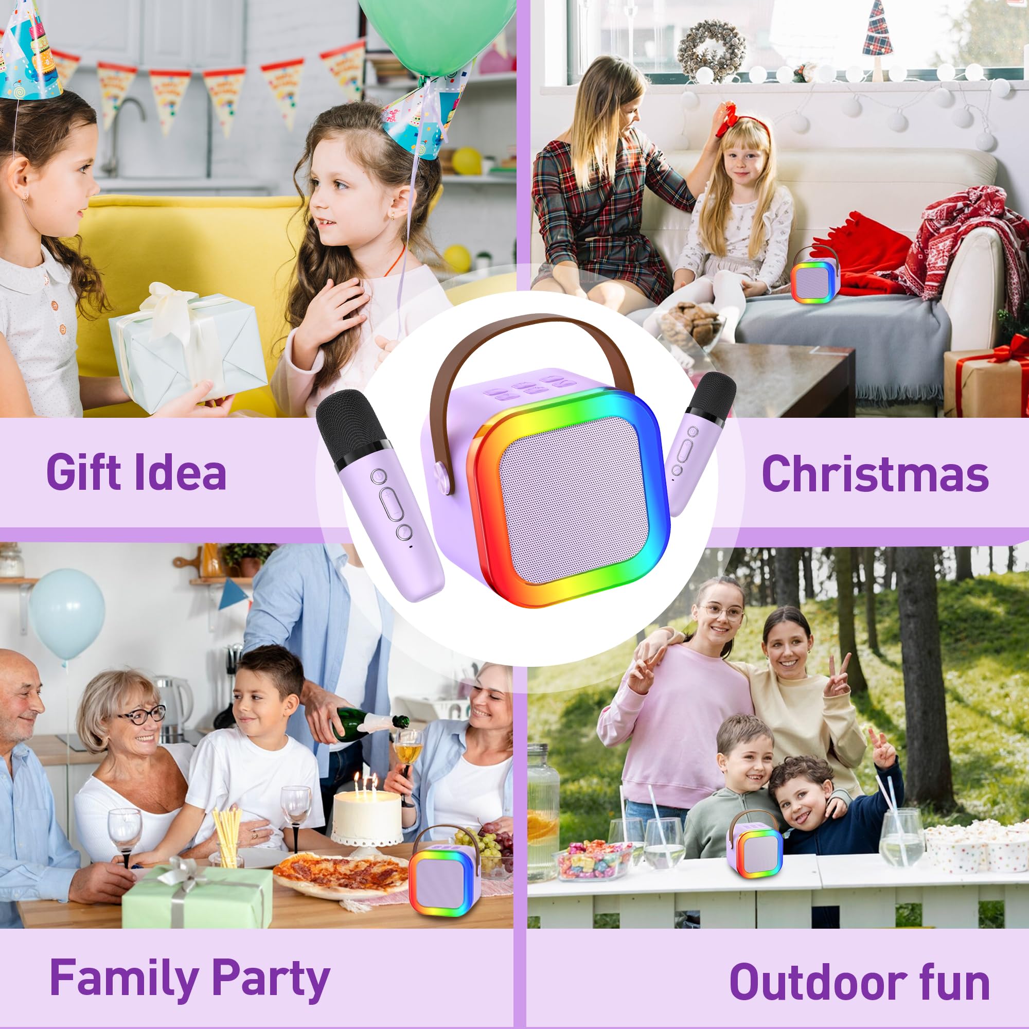Mini Karaoke Machine: Mini Karaoke Machine with 2 Wireless Karaoke Microphones and Light for Family Home Party – Portable Singing Karaoke Speaker – Stage-subwoofers (Purple)