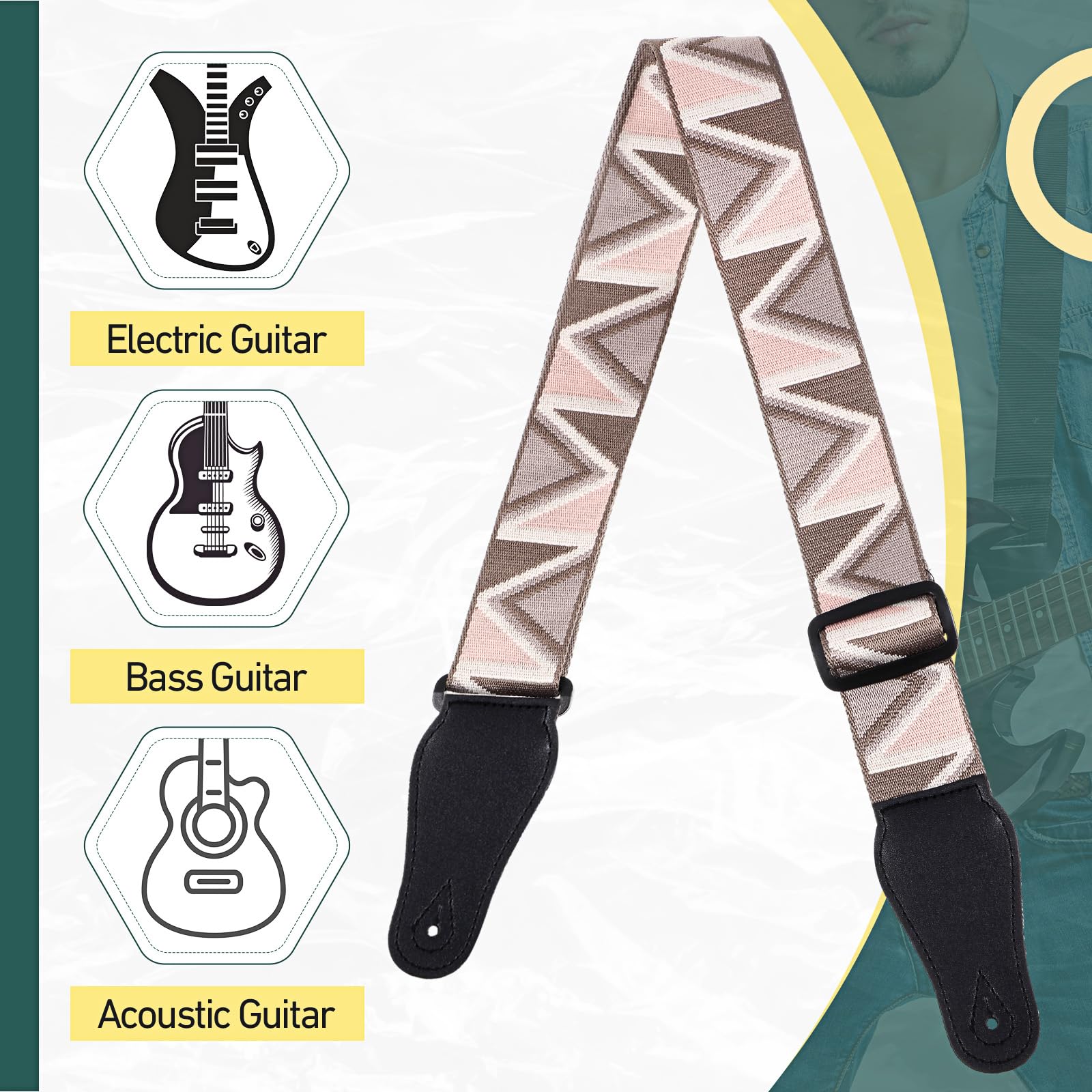 Fiada 4 Pcs Guitar Straps Electric Bass Acoustic Cotton Guitar Straps Adjustable for Musical Instrument Gift(Earth Color,Geometric Style)