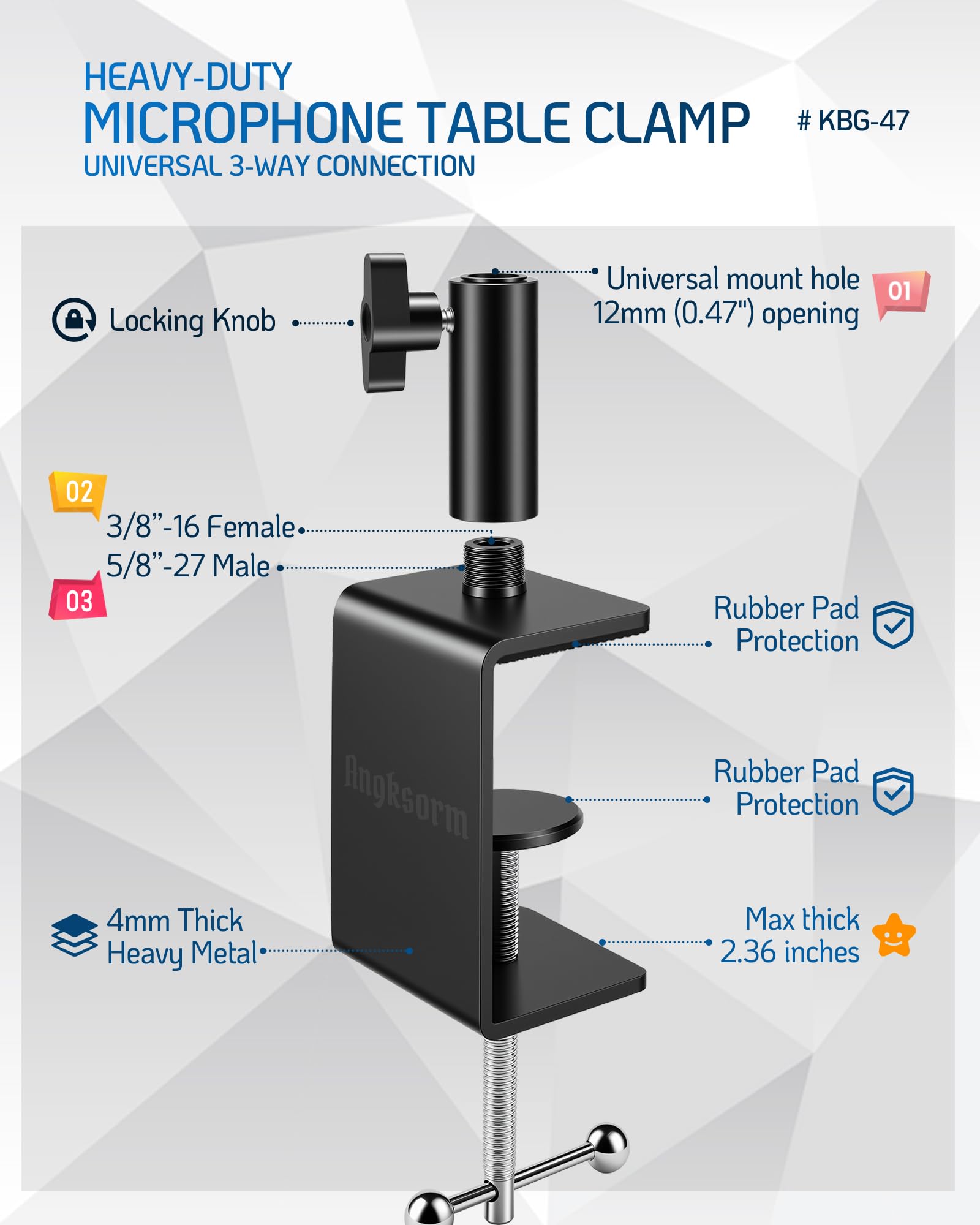 KBG-47 Metal Mic Desk Clamp, 12mm Socket, 5/8-27 and 3/8-16 Threads