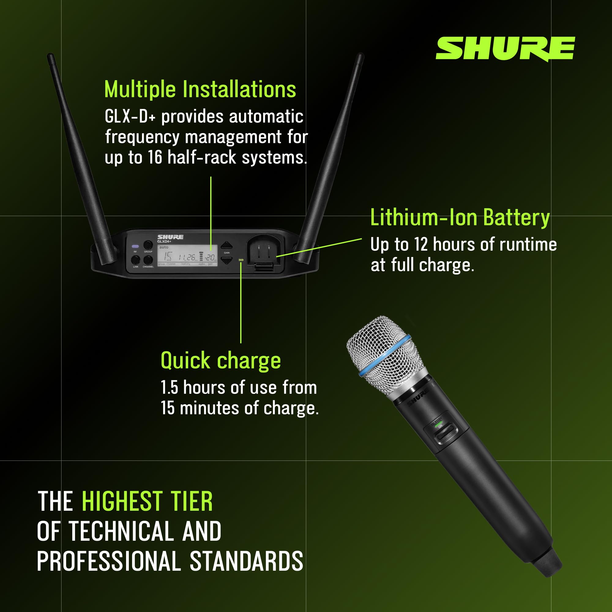 Shure GLXD24+/B87A Dual Band Pro Digital Wireless Microphone System – 12-Hour Battery, 100ft Range with BETA 87A Handheld Vocal Mic & Single Channel Receiver