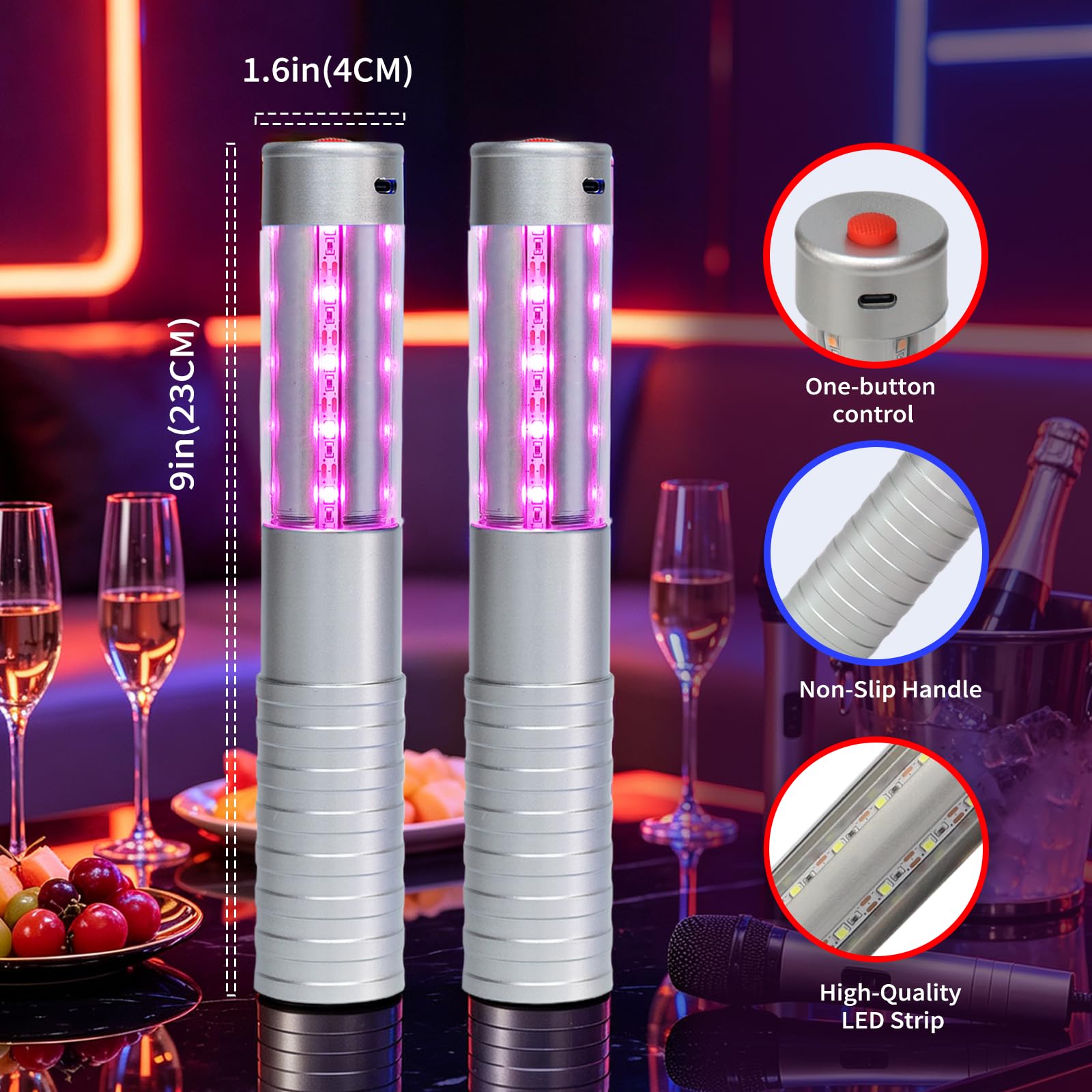 Strobe Bottle Girl Lights LED Bottle Service Lights Baton Reusable Rechargeable Service LED Champagne 2 Pcs for Bar Club Birthday Weddings Parties(Silver,Pink Light)