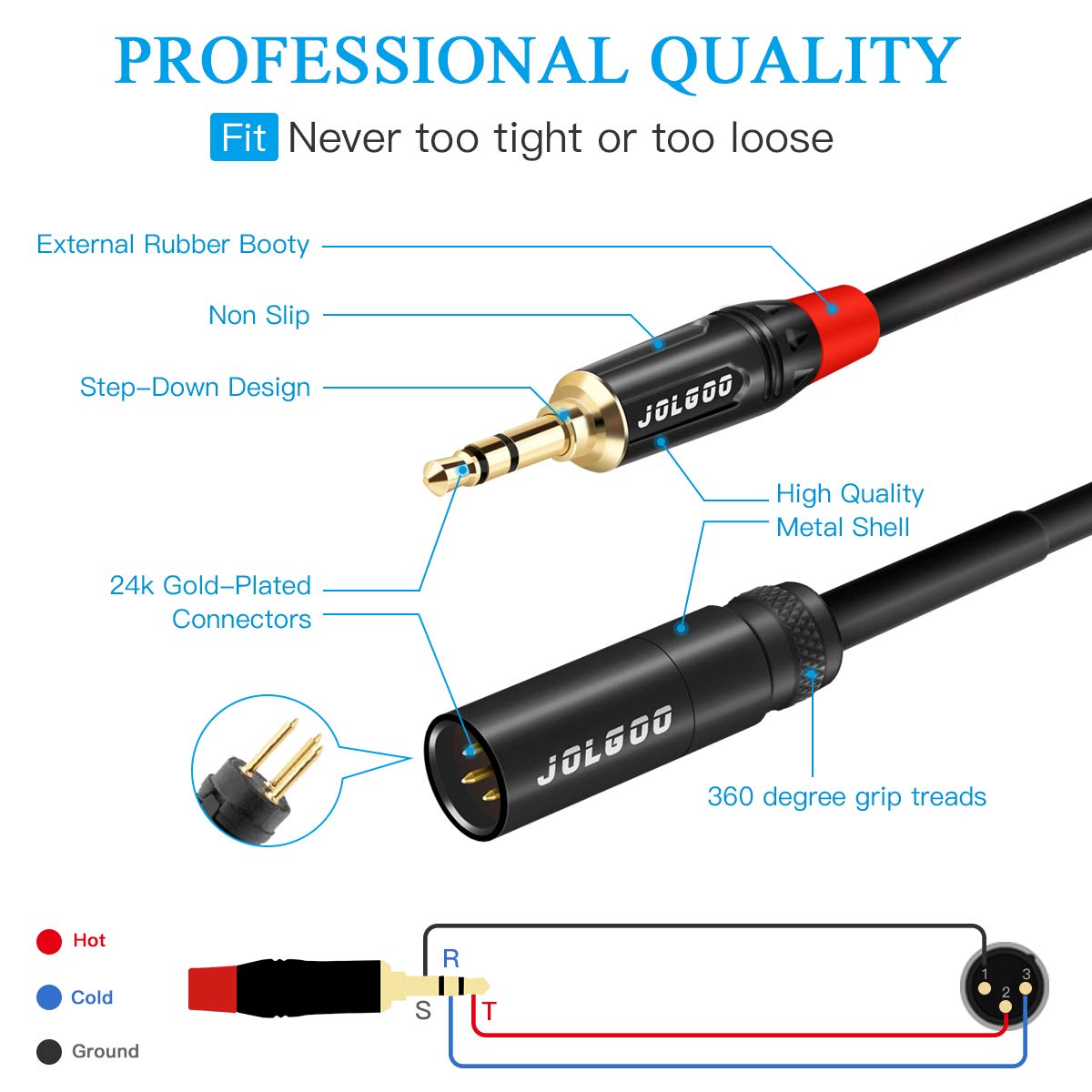JOLGOO Mini XLR Male to 3.5mm Stereo Audio Plug Cable, 3-pin Mini XLR Male to 1/8″ TRS Plug Cable, for BMPCC 4K Camera Video Assist 4K Sharp 8K, 3.3 Feet