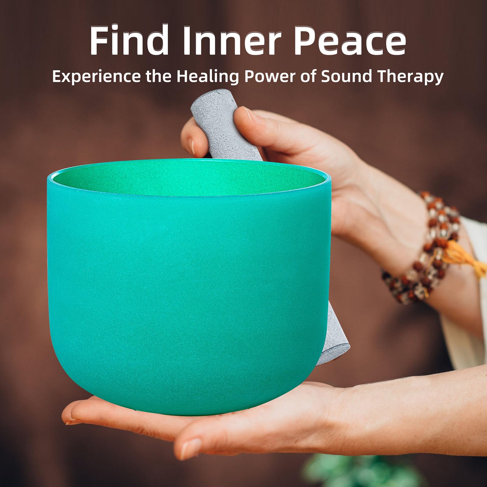CALM CLANG 8 Inch Green F Note 432hz Heart Chakra Crystal Singing Bowl Healing with Carrying Case and Rubber Mallet Suede Strikers Oring