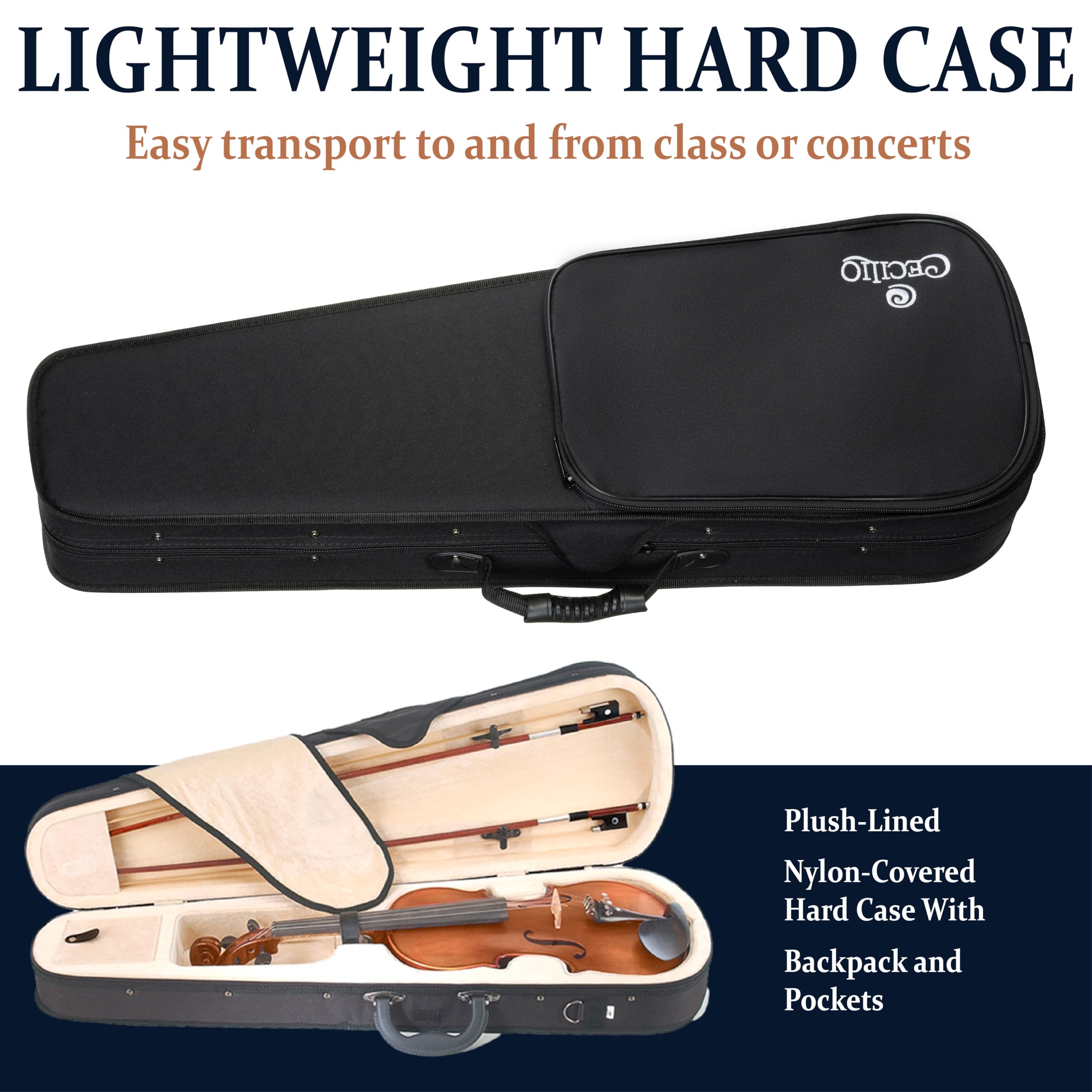 Cecilio Full Size 4/4 Violin with Hard Case & Shoulder Rest – Solidwood Ebony Fitted Violin with Premium Strings, Ideal for Beginners