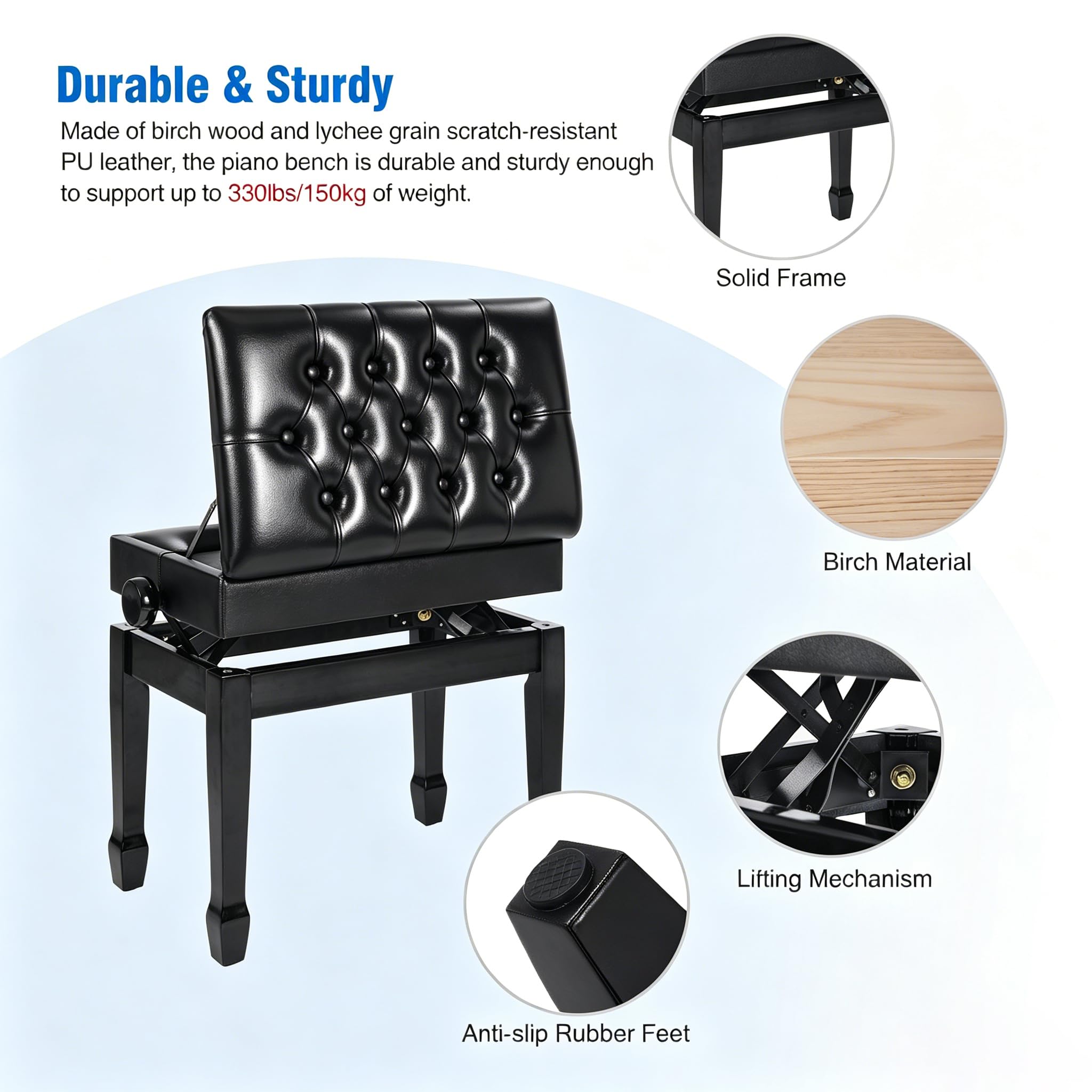 ALAPUR Adjustable Piano Bench with Storage, 22″ Glossy Keyboard Stool