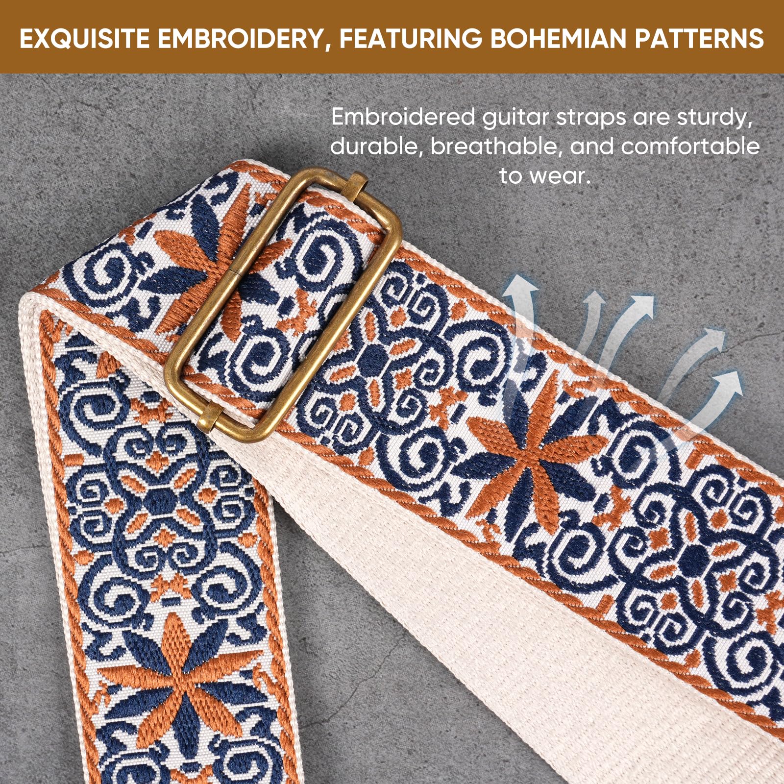JIPIS Embroidered Guitar Strap for Acoustic/Electric Guitars/Bass,with Free 1 Head strap, 2 Anti Slip Buckles, 3 Guitar Picks (GS-89-2 Petal Brown)