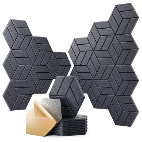 OTUOER 12Pcs Acoustic Panels with Self-adhesive, 12″X 10″X 0.4″ Sound Proof Foam Panels for Walls, Hexagonal Soundproof Wall Panels High Density, Sound Panels for Home Studio Office (Dark Gray)