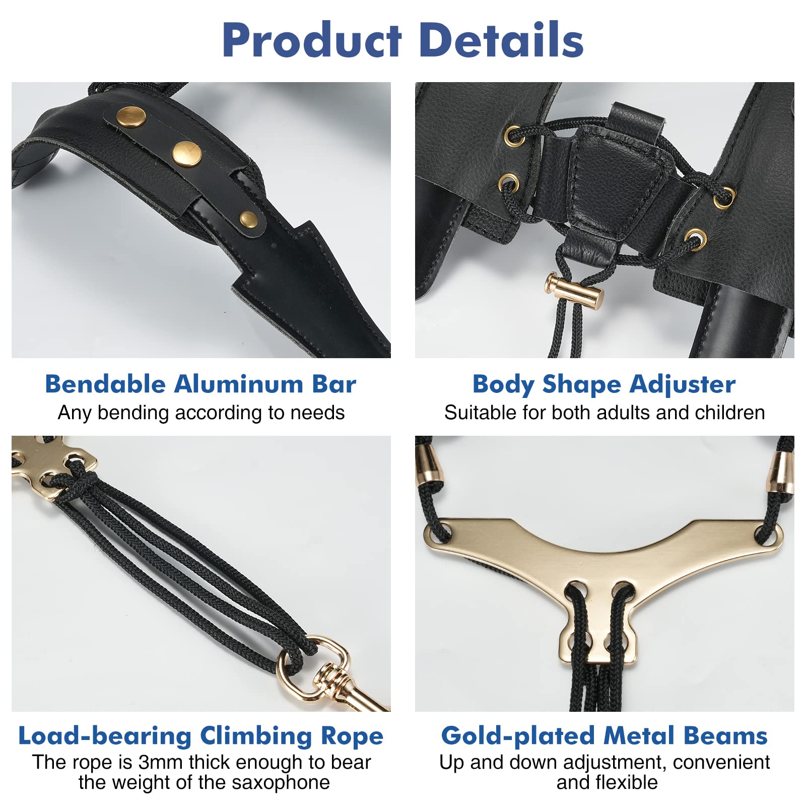 POGOLAB Saxophone Shoulder Strap, Double Shoulder Leather Adjustable Sax Strap with Metal Beam & Sturdy Adjuster, Reduce Neck Stress, Good Comfort, for Alto/Tenor/Baritone/Soprano Saxophone