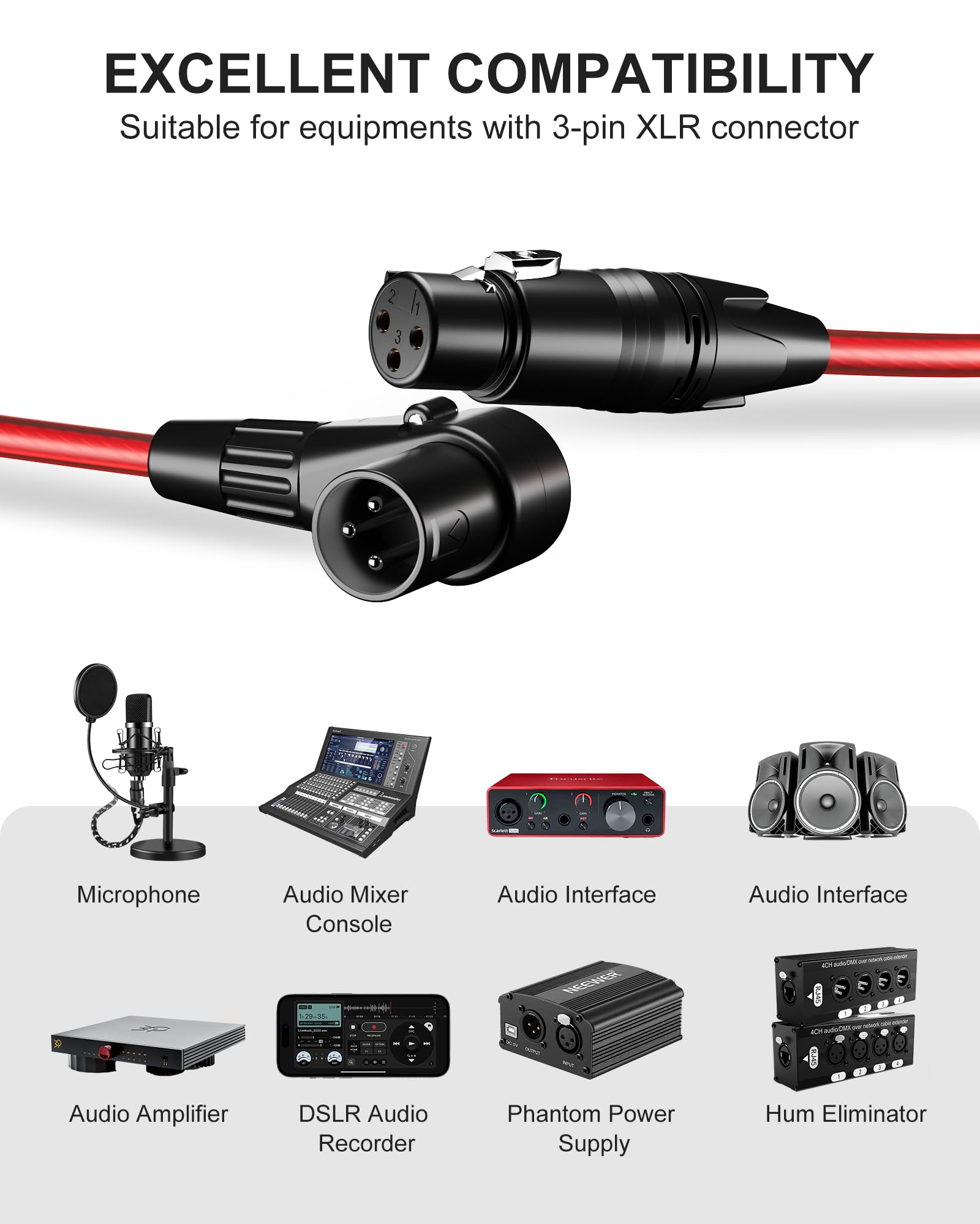 VANDESAIL XLR Microphone Cable 6 Feet 2 Pack Right Angle XLR Cables 6ft Male to Straight Female Mic Cord 3 Pin for Speakers Audio Interface Pro Camcorders DSLR Video Cameras Recording Red