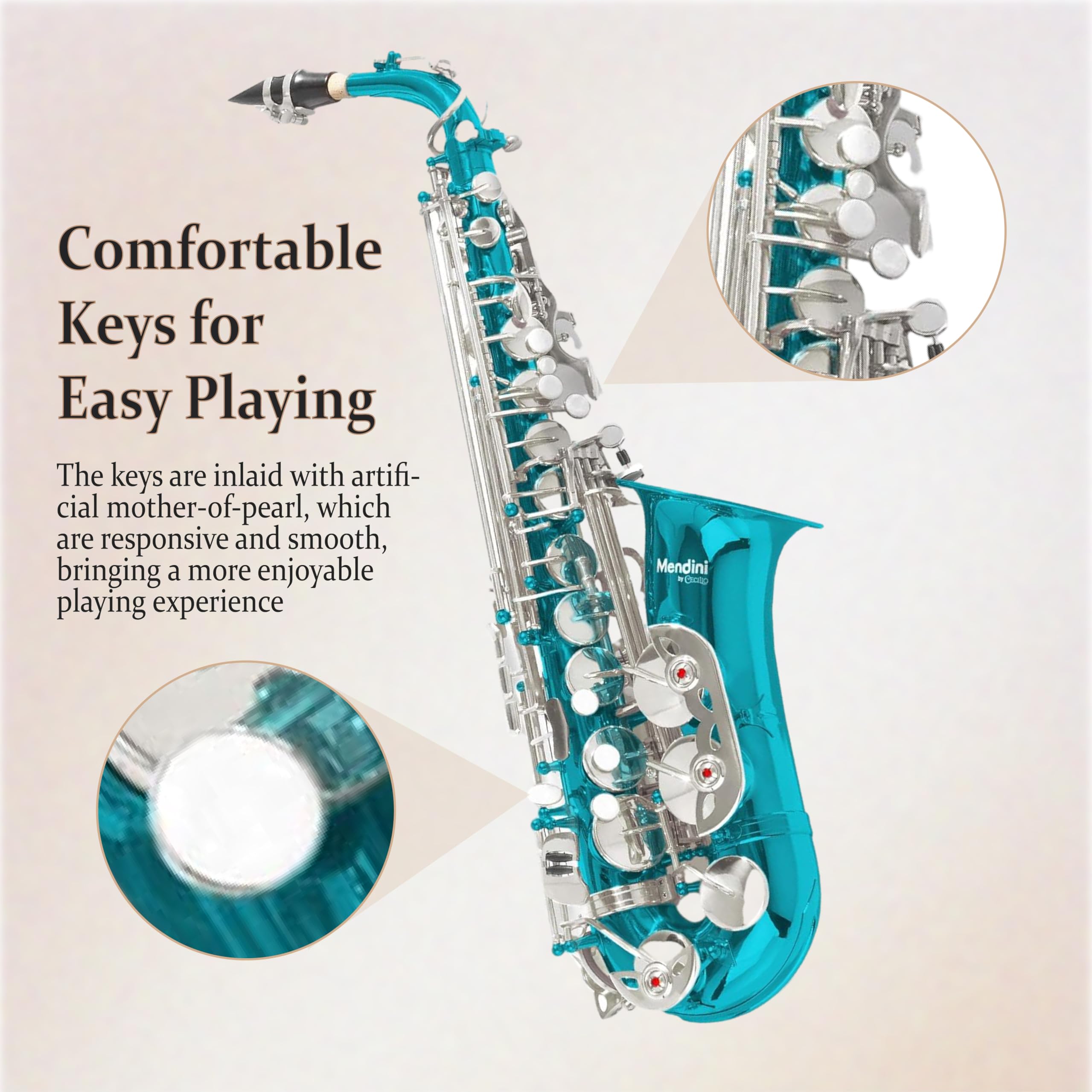 Mendini By Cecilio Alto Saxophone for Beginners, E Flat Alto Saxophone for Students Musicians with Tuner, Mouthpiece, Case, 10 Reeds, Grease, Cleaning Cloth & Rod, Gloves, Strap, Lesson Book (Blue)