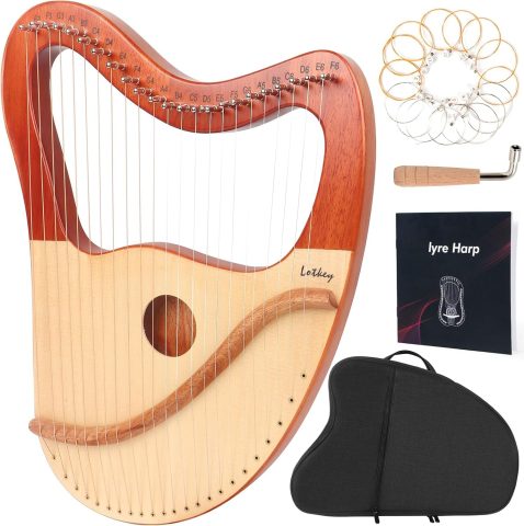 LOTKEY Lyre Harp，23 Metal Strings Harp Mahogany Body and Solid Spruce Board Lyre Harp with Tuning Wrench, Extract Strings, Manual and Gig Bag