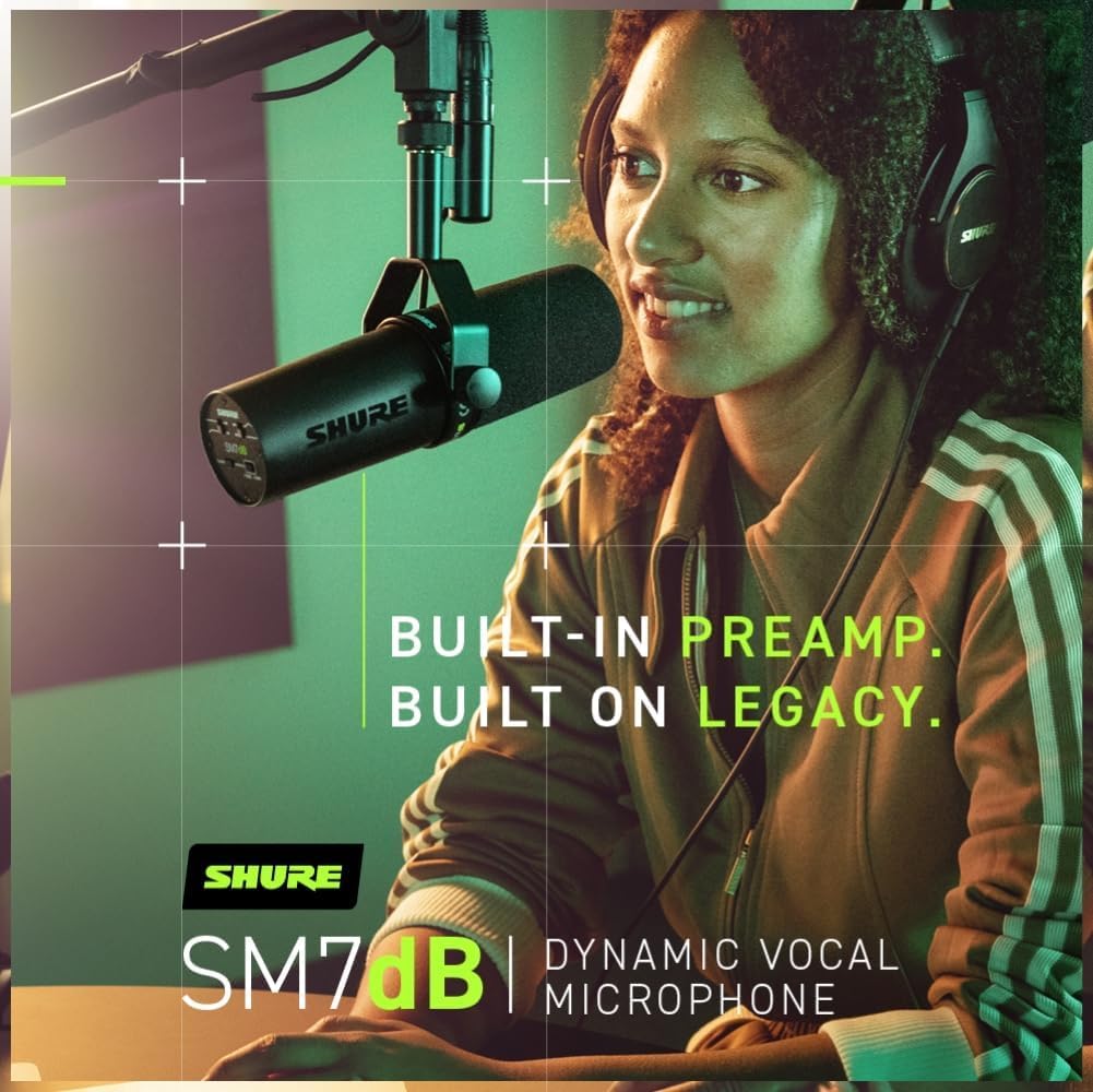 Shure SM7dB Dynamic Vocal Microphone w/Built-in Preamp for Streaming, Podcast, & Recording with Detachable Windscreen and 20ft XLR Cable