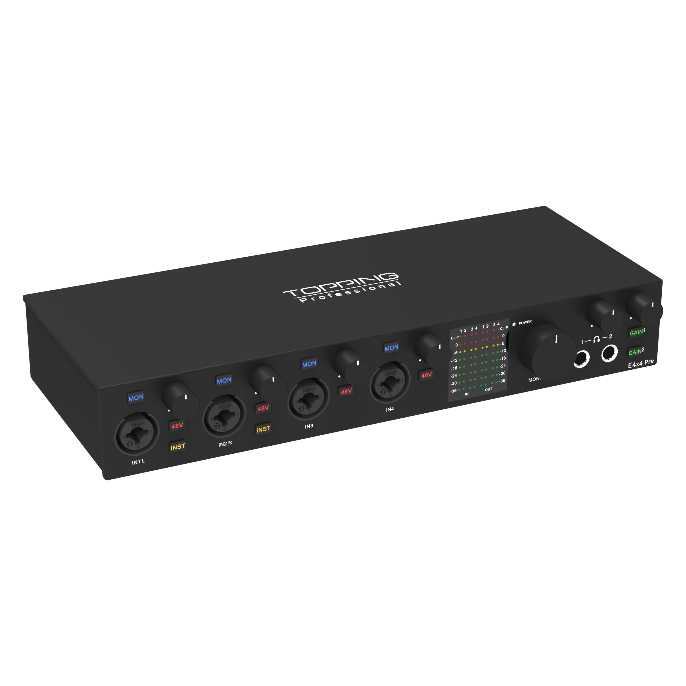 TOPPING E4X4 Pre USB Audio Interface – Dual USB-C Ports, 24bit/192kHz, 4IN/4OUT, Dual Headphone Outputs, Low Noise, Real-Time Monitoring, Mixer, for PC, Mac, iPhone, Professional Recording(Black)