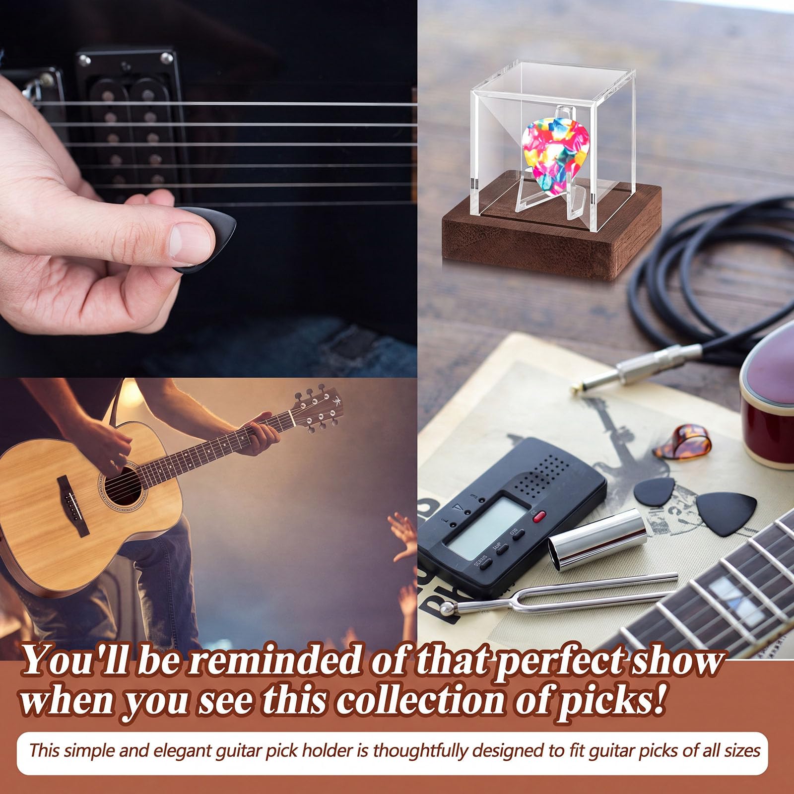 DoubleFill 1 Pcs Acrylic Guitar Pick Display Case with Wooden Base, Walnut
