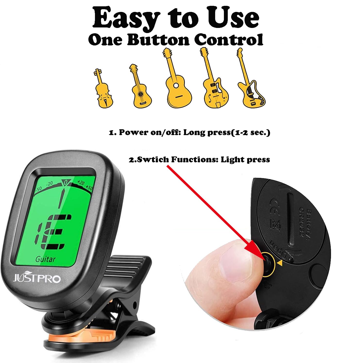 JUSTPRO Guitar Tuner Clip on with Chromatic Tuning Modes, Guitar Tuner for Acoustic/Electric Guitar, Ukulele, Violin, Bass, Banjo