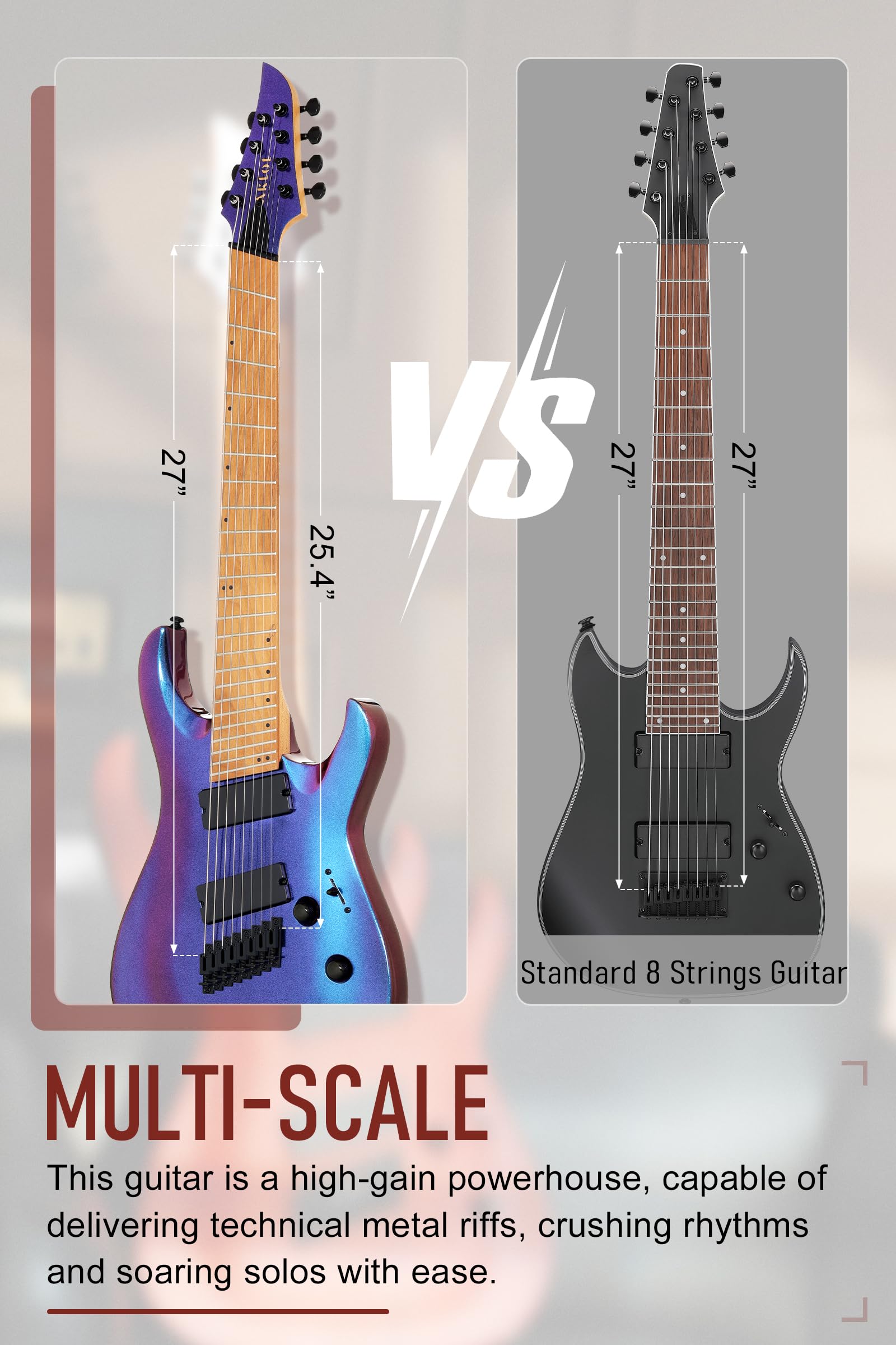 AKLOT Multi-Scale 7-String Electric Guitar: Roasted Maple Neck with String-Through Bridge Electric Guitars Kit with Okoume Body, HH Pickup, Gig Bag, Strap, Distortion Pedal, XRN-7 Yellow