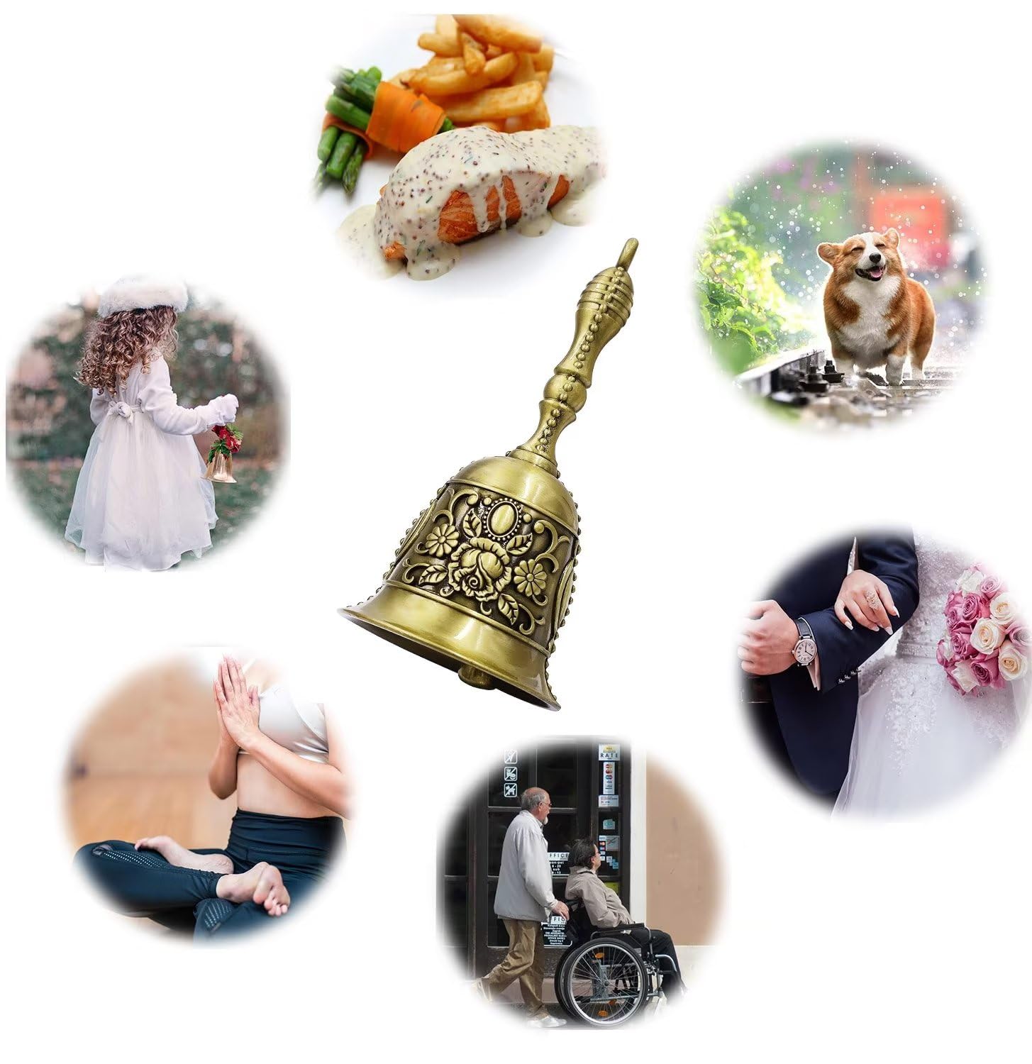 Hourwof Hand Call Bells, Brass Dinner Wedding Pet Training Jingle Christmas Bells, Bronze