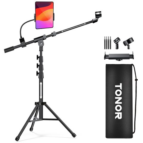 TONOR Microphone Stand with Tablet Holder, Tripod Boom Arm for Floor, Adjustable Height and Angle, Heavy Duty Stand with Carrying Bag, Smartphone and Pad Clamp, Excellent Compatibility, T35