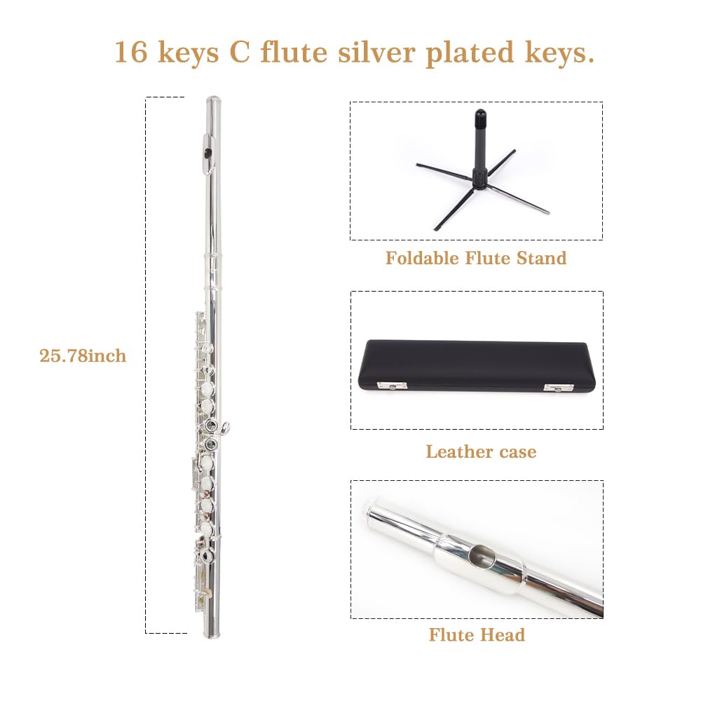YANASON C Flute Closed Hole 16 Keys Flute Silver-plated for Beginner, Adults,Student with Leather case, Metal stand, Gloves, Tuning Rod, Cleaning kit(16 Silver)