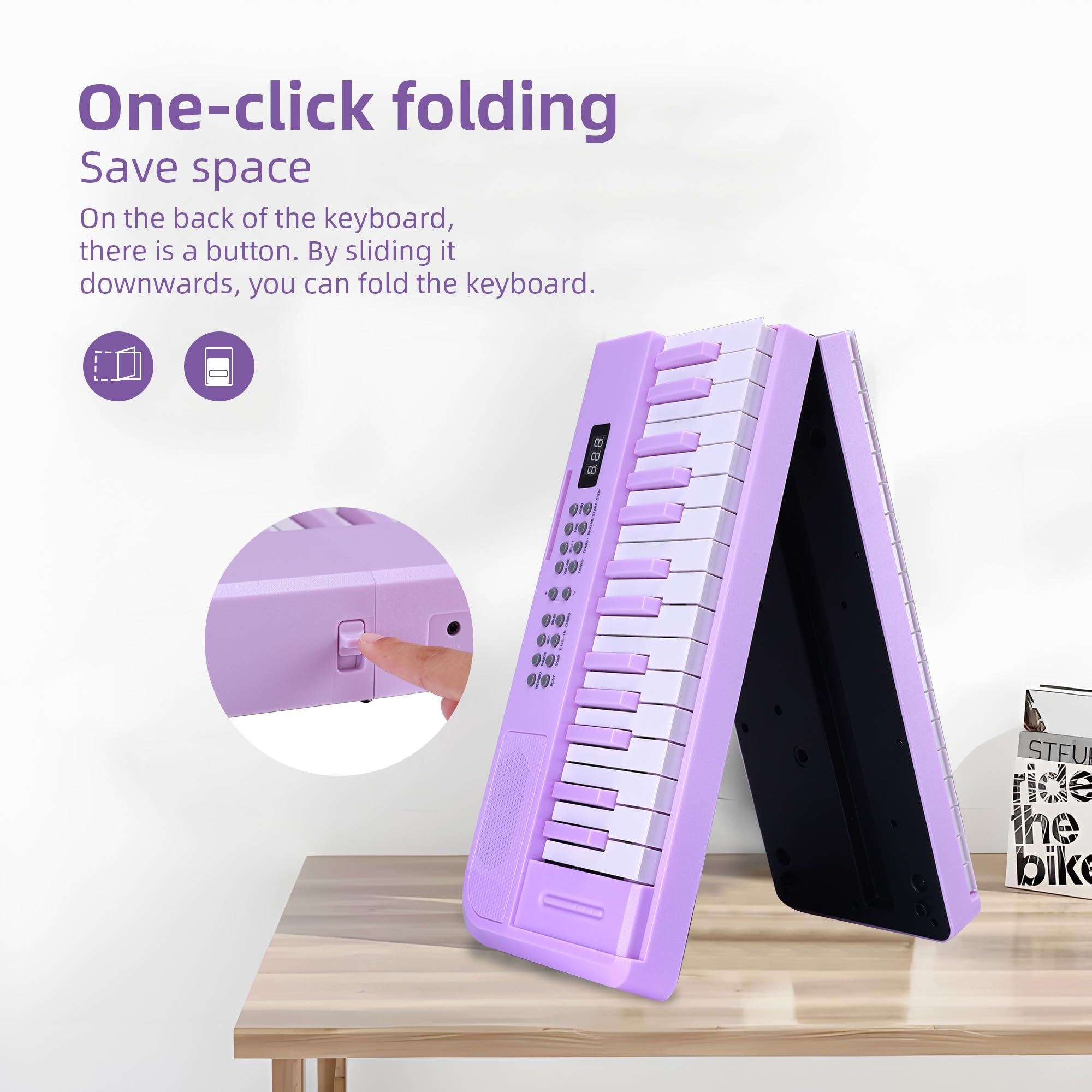 ADM 61 Key Folding Electric Piano Keyboard, Foldable Electronic Keyboard, Wireless 128 Tones, 128 Rhythms Includes Pedal, Gig Bag, Headphones for Beginners, Students, Teenagers, Adults, Purple