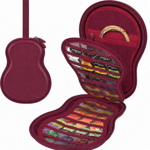 ANKHOH Guitar Pick Holder Case Compatible with Fender/for Acoustic/ChromaCast/D’Addario/JIM DUNLOP/Bolopick/UNLP MUSICAL INSTRUMENT, 63+ All Size Plectrums Storage Picks Box, Bag Only (Burgundy)