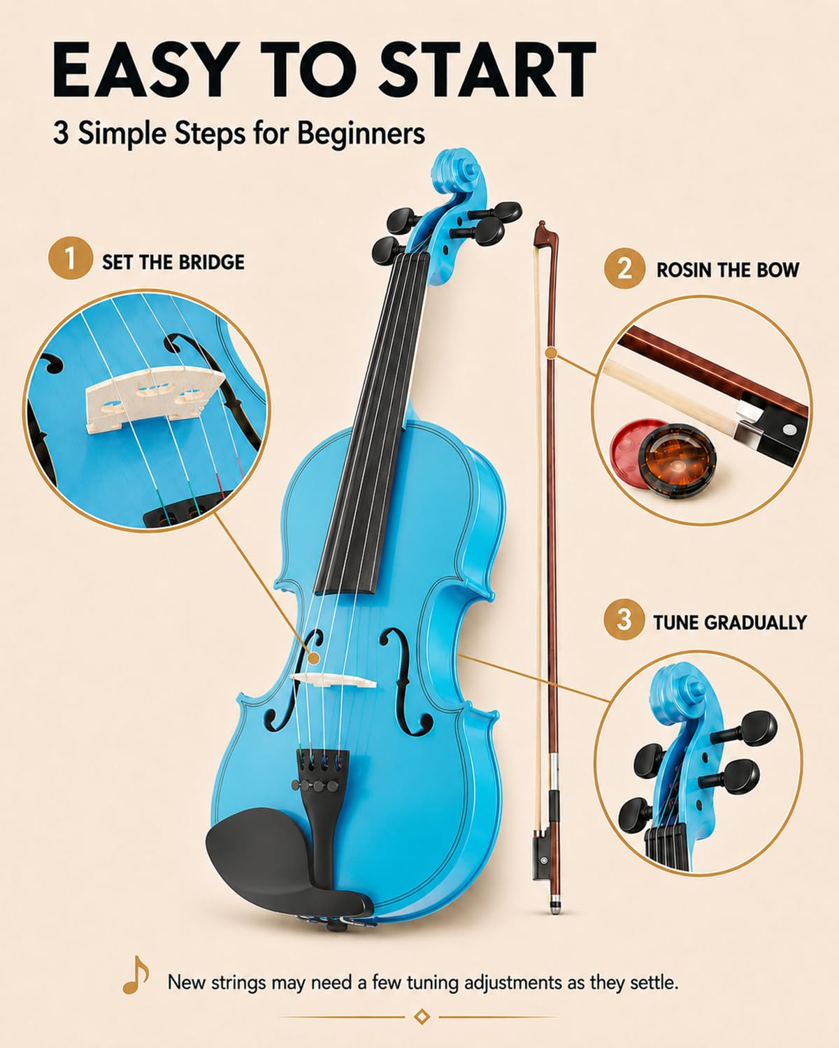 Beginner Violin 4/4, Full Size Violin for Adults, Teens, Student, Learners Age 12+, Acoustic Fiddle Kit with Hard Case, Bow, Rosin, Bridge (Sky Blue)