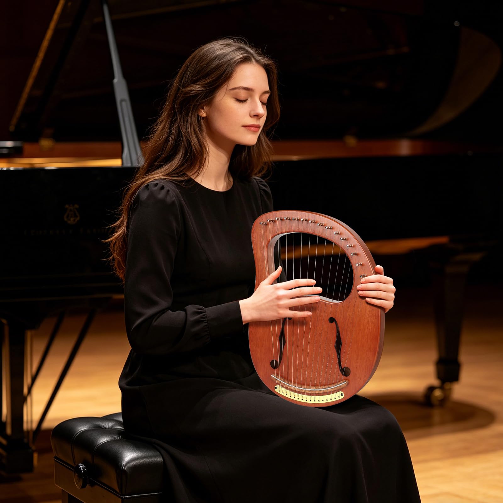 Lotkey Lyre Harp,16 Metal Strings Iron Saddle Mahogany Lyre Harp with Tunning Wrench, Extract Strings, Manual and Gig Bag